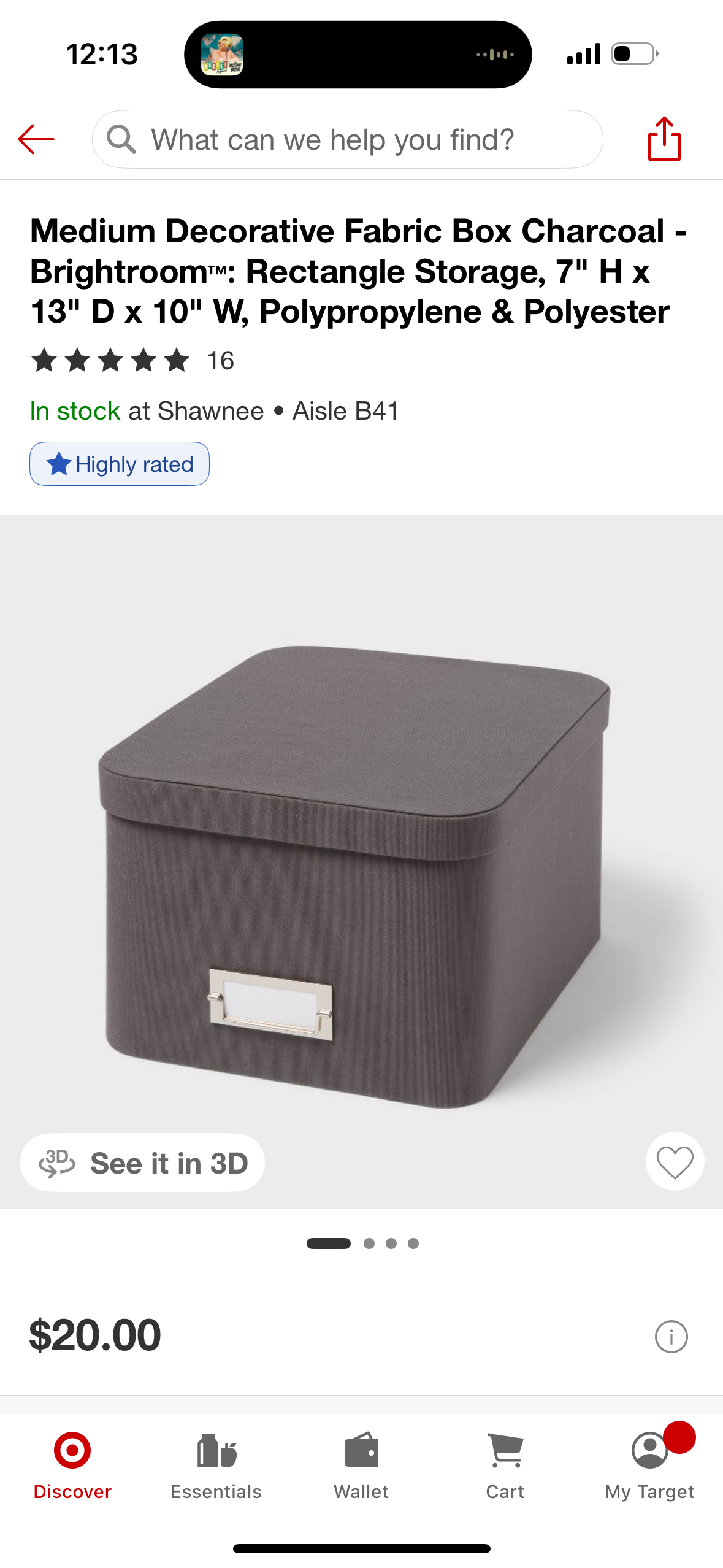 Medium Decorative Fabric Box Charcoal - Brightroom™: Rectangle Storage, 7" H x 13" D x 10" W, Polypropylene & Polyester