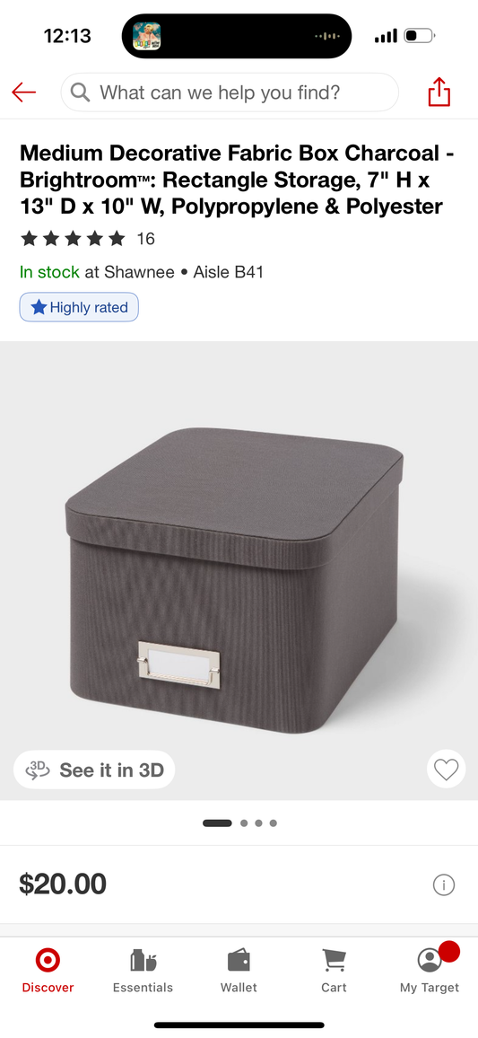 Medium Decorative Fabric Box Charcoal - Brightroom™: Rectangle Storage, 7" H x 13" D x 10" W, Polypropylene & Polyester