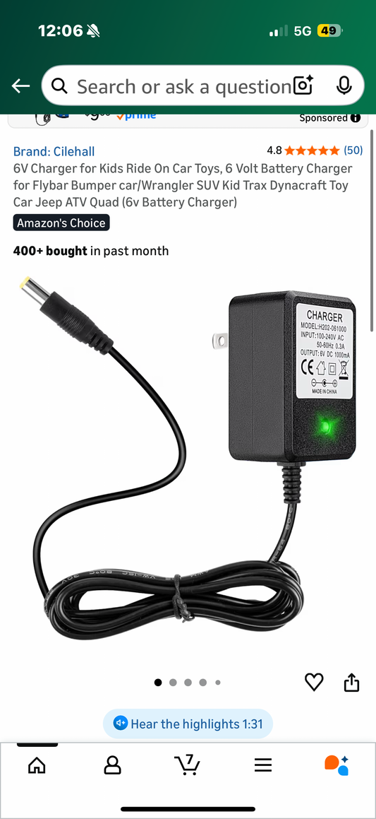 6V Charger for Kids Ride On Car Toys, 6 Volt Battery Charger for Flybar Bumper car/Wrangler SUV Kid Trax Dynacraft Toy Car Jeep ATV Quad (6v Battery Charger