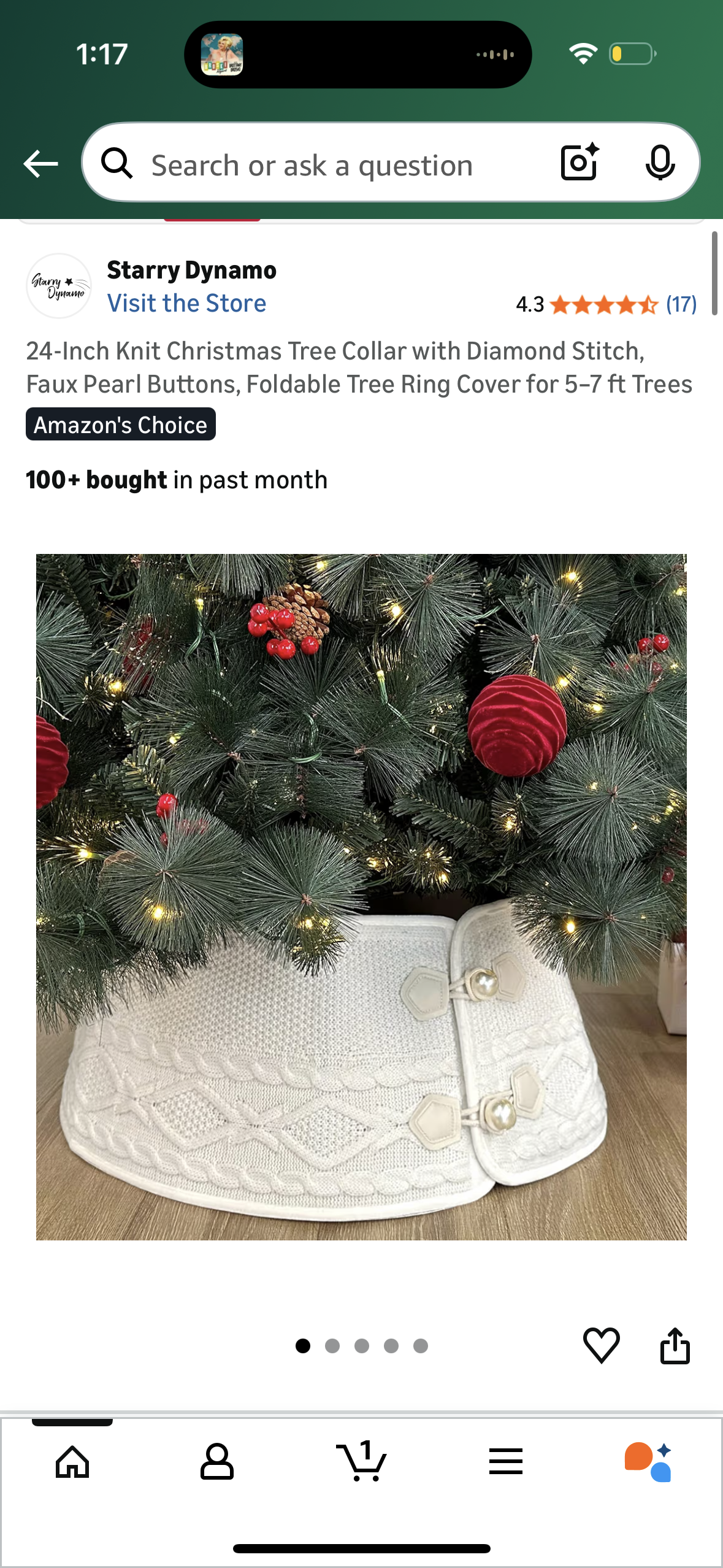 24-Inch Knit Christmas Tree Collar with Diamond Stitch, Faux Pearl Buttons, Foldable Tree Ring Cover for 5–7 ft Trees