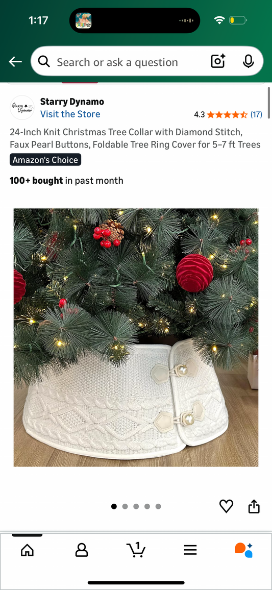 24-Inch Knit Christmas Tree Collar with Diamond Stitch, Faux Pearl Buttons, Foldable Tree Ring Cover for 5–7 ft Trees