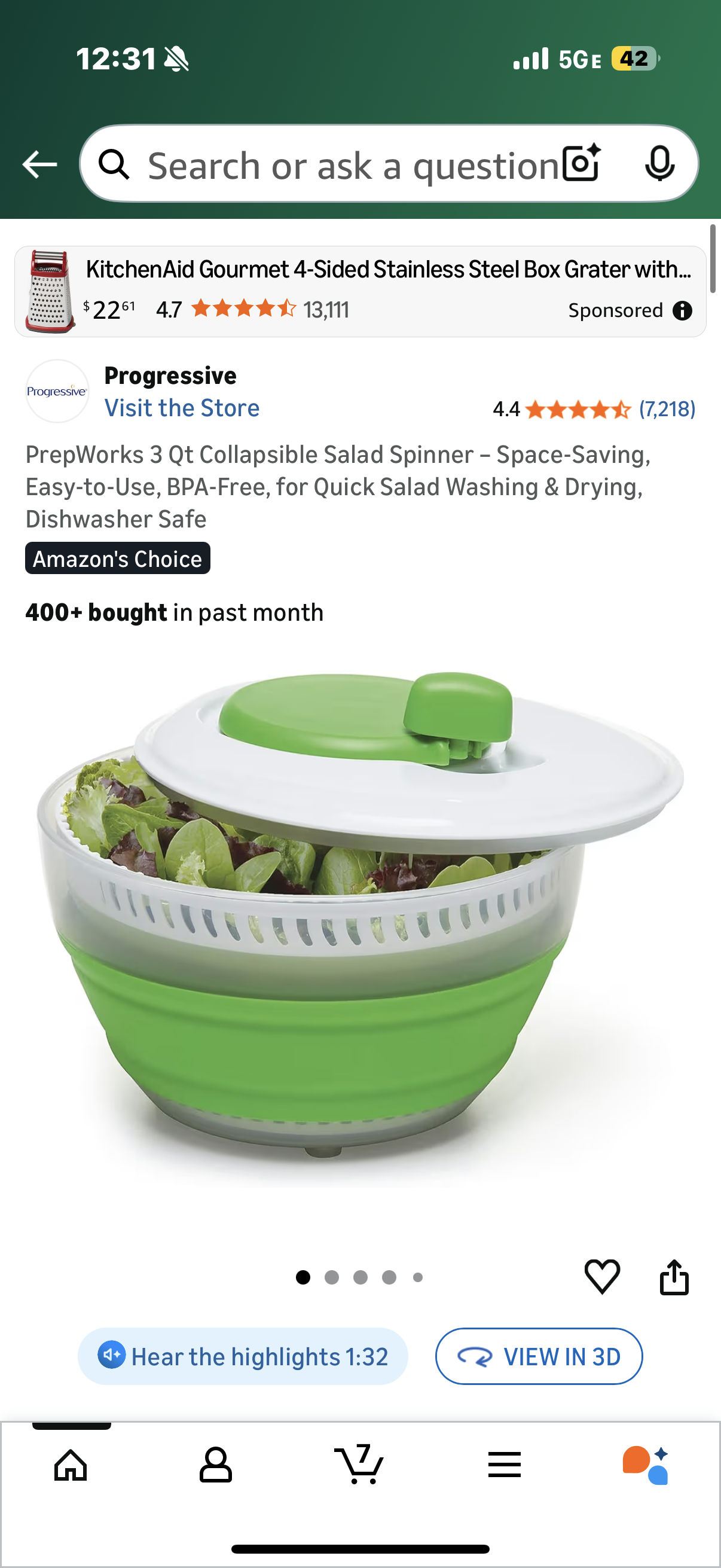 PrepWorks 3 Qt Collapsible Salad Spinner – Space-Saving, Easy-to-Use, BPA-Free, for Quick Salad Washing & Drying, Dishwasher Safe