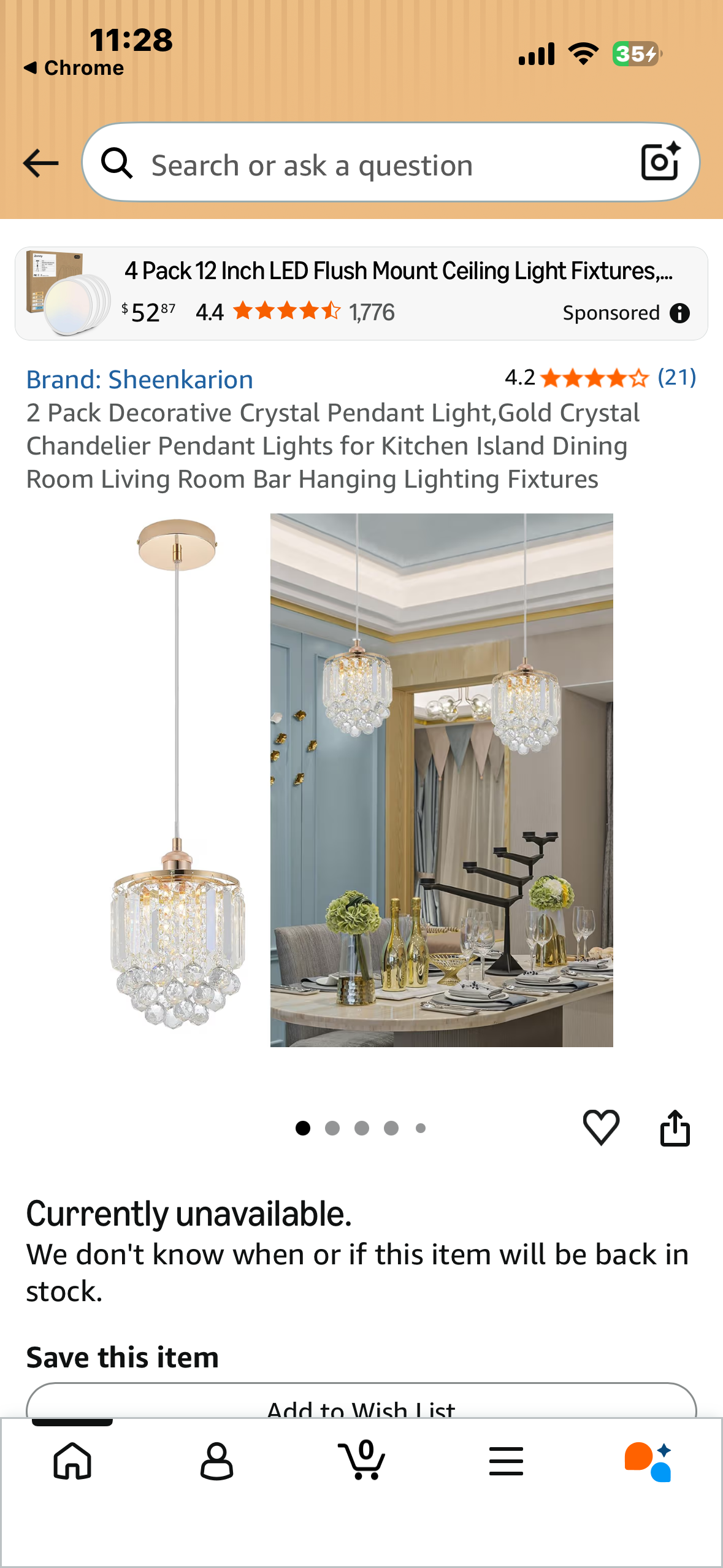 2 Pack Decorative Crystal Pendant Light,Gold Crystal Chandelier Pendant Lights for Kitchen Island Dining Room Living Room Bar Hanging Lighting Fixtures