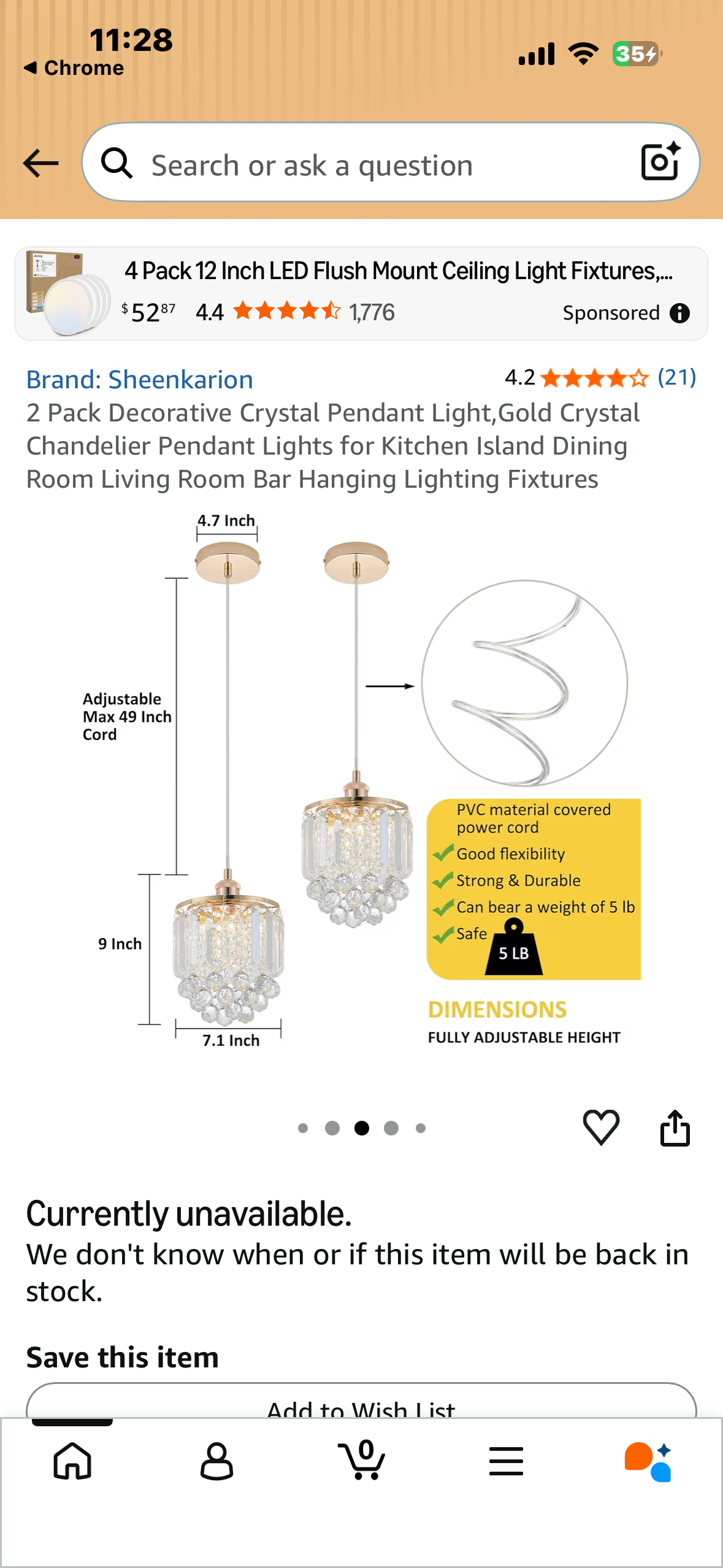 2 Pack Decorative Crystal Pendant Light,Gold Crystal Chandelier Pendant Lights for Kitchen Island Dining Room Living Room Bar Hanging Lighting Fixtures