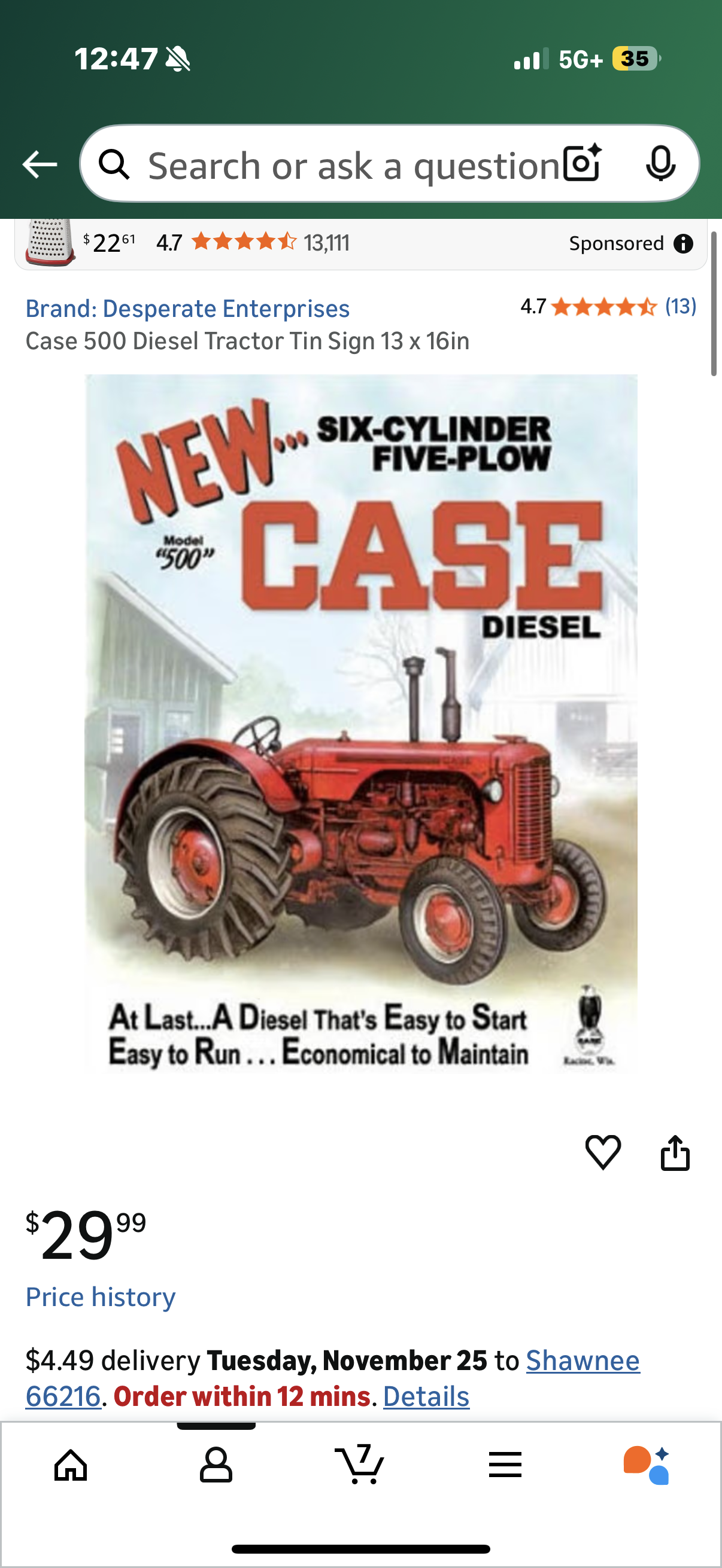 Case 500 Diesel Tractor Tin Sign 13 x 16in