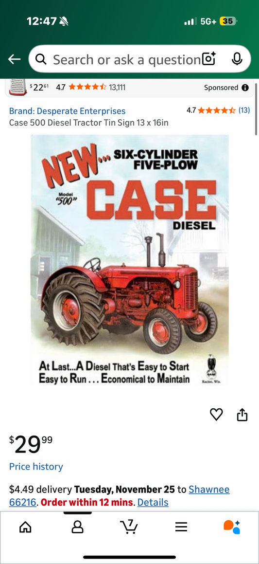 Case 500 Diesel Tractor Tin Sign 13 x 16in