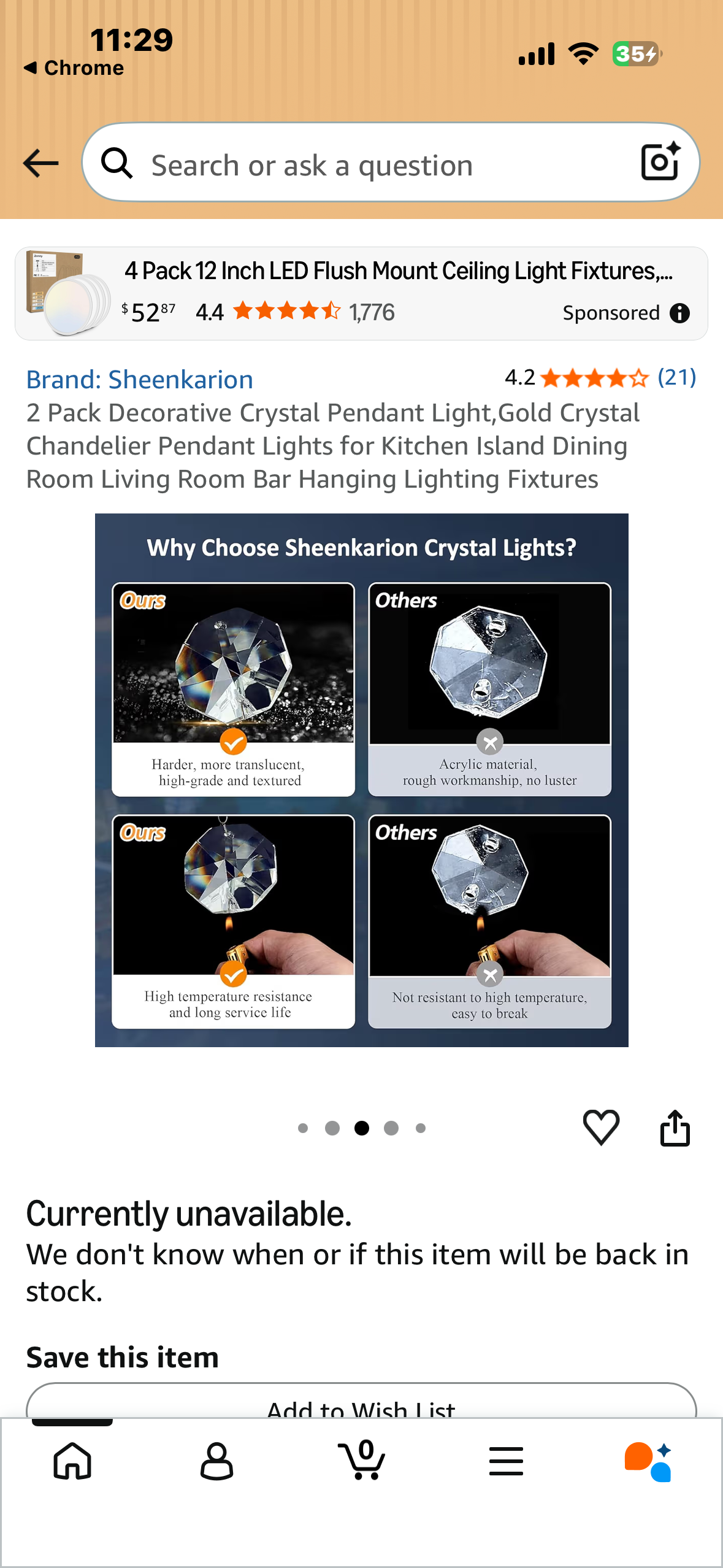 2 Pack Decorative Crystal Pendant Light,Gold Crystal Chandelier Pendant Lights for Kitchen Island Dining Room Living Room Bar Hanging Lighting Fixtures