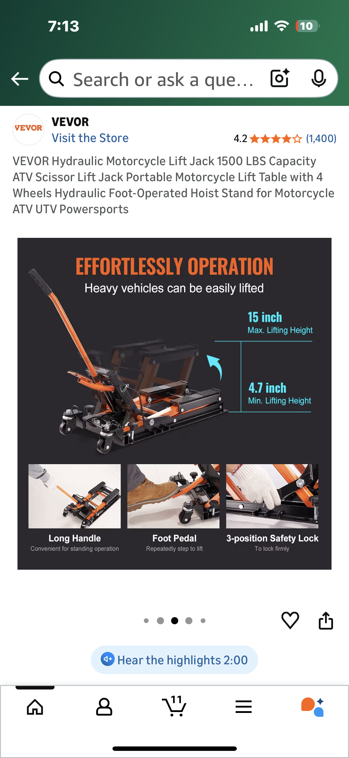 VEVOR Hydraulic Motorcycle Lift Jack, 1500 LBS Capacity, ATV Scissor Lift Jack, Portable Motorcycle Lift with 4 Wheels, Hydraulic Foot-Operated Hoist Stand for Motorcycle ATV UTV Powersports (G902)