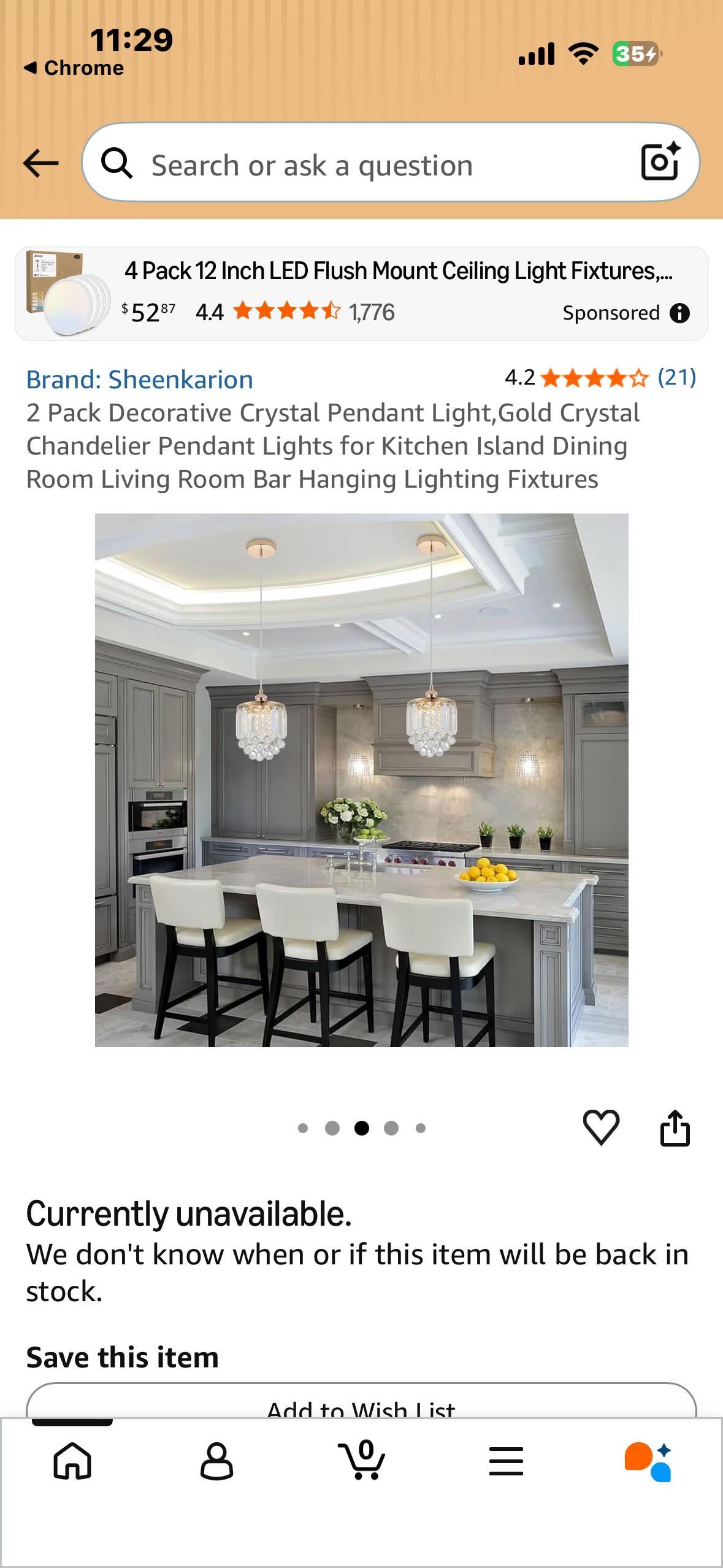 2 Pack Decorative Crystal Pendant Light,Gold Crystal Chandelier Pendant Lights for Kitchen Island Dining Room Living Room Bar Hanging Lighting Fixtures