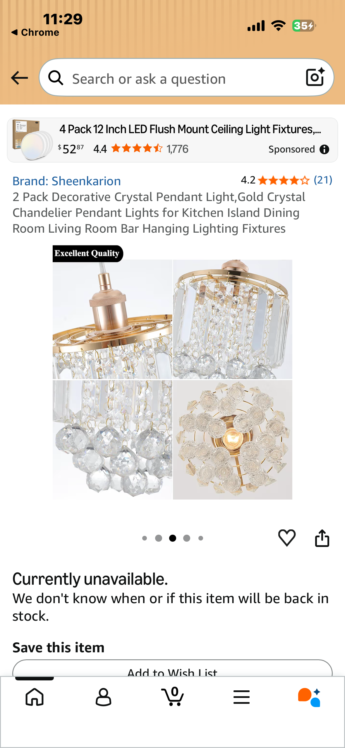 2 Pack Decorative Crystal Pendant Light,Gold Crystal Chandelier Pendant Lights for Kitchen Island Dining Room Living Room Bar Hanging Lighting Fixtures