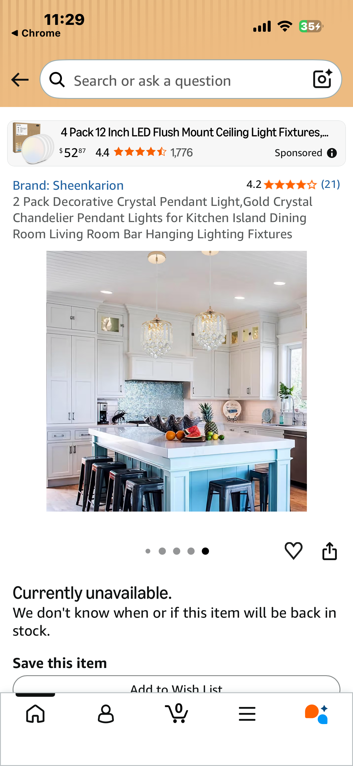 2 Pack Decorative Crystal Pendant Light,Gold Crystal Chandelier Pendant Lights for Kitchen Island Dining Room Living Room Bar Hanging Lighting Fixtures