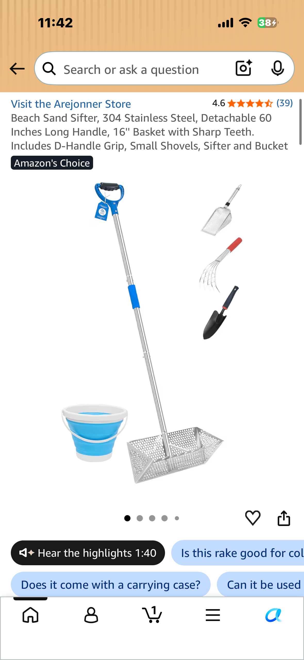Beach Sand Sifter, 304 Stainless Steel, Detachable 60 Inches Long Handle, 16'' Basket with Sharp Teeth. Includes D-Handle Grip, Small Shovels, Sifter and Bucket