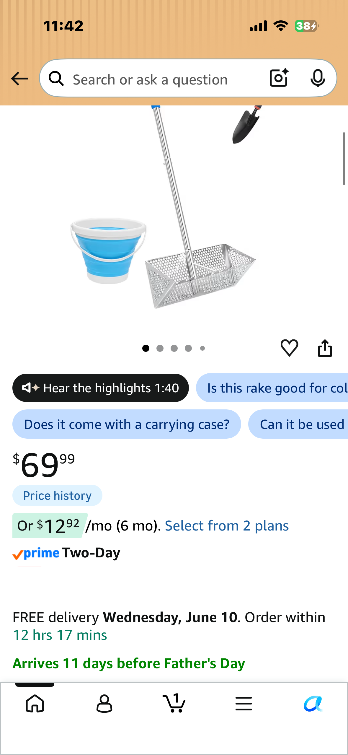 Beach Sand Sifter, 304 Stainless Steel, Detachable 60 Inches Long Handle, 16'' Basket with Sharp Teeth. Includes D-Handle Grip, Small Shovels, Sifter and Bucket