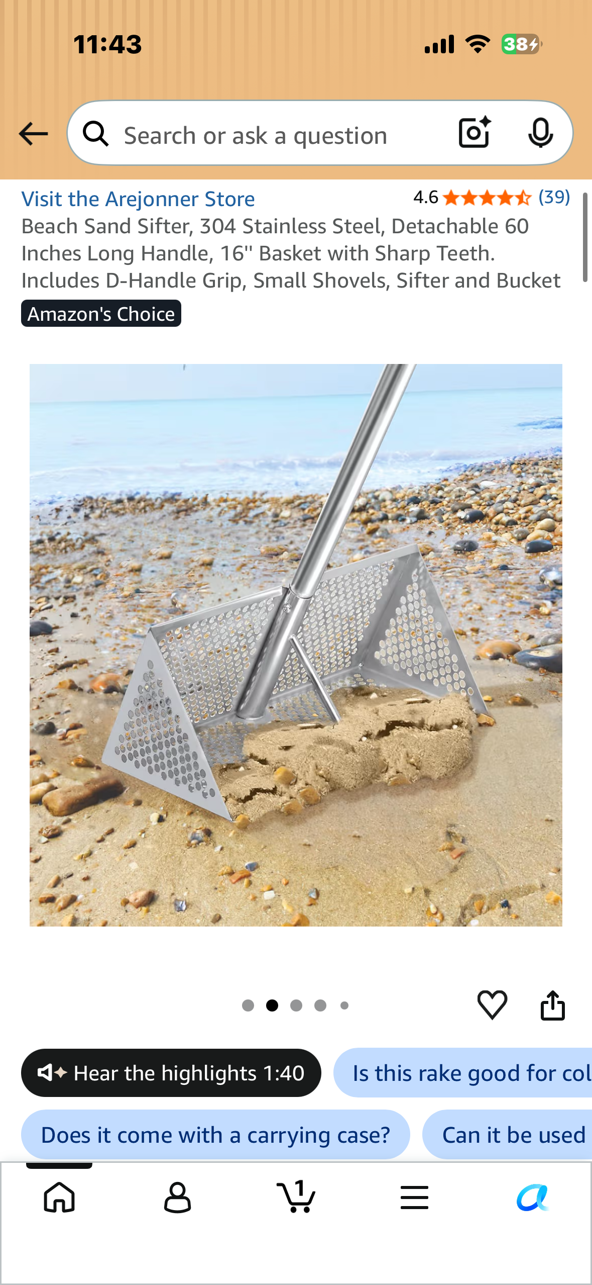 Beach Sand Sifter, 304 Stainless Steel, Detachable 60 Inches Long Handle, 16'' Basket with Sharp Teeth. Includes D-Handle Grip, Small Shovels, Sifter and Bucket