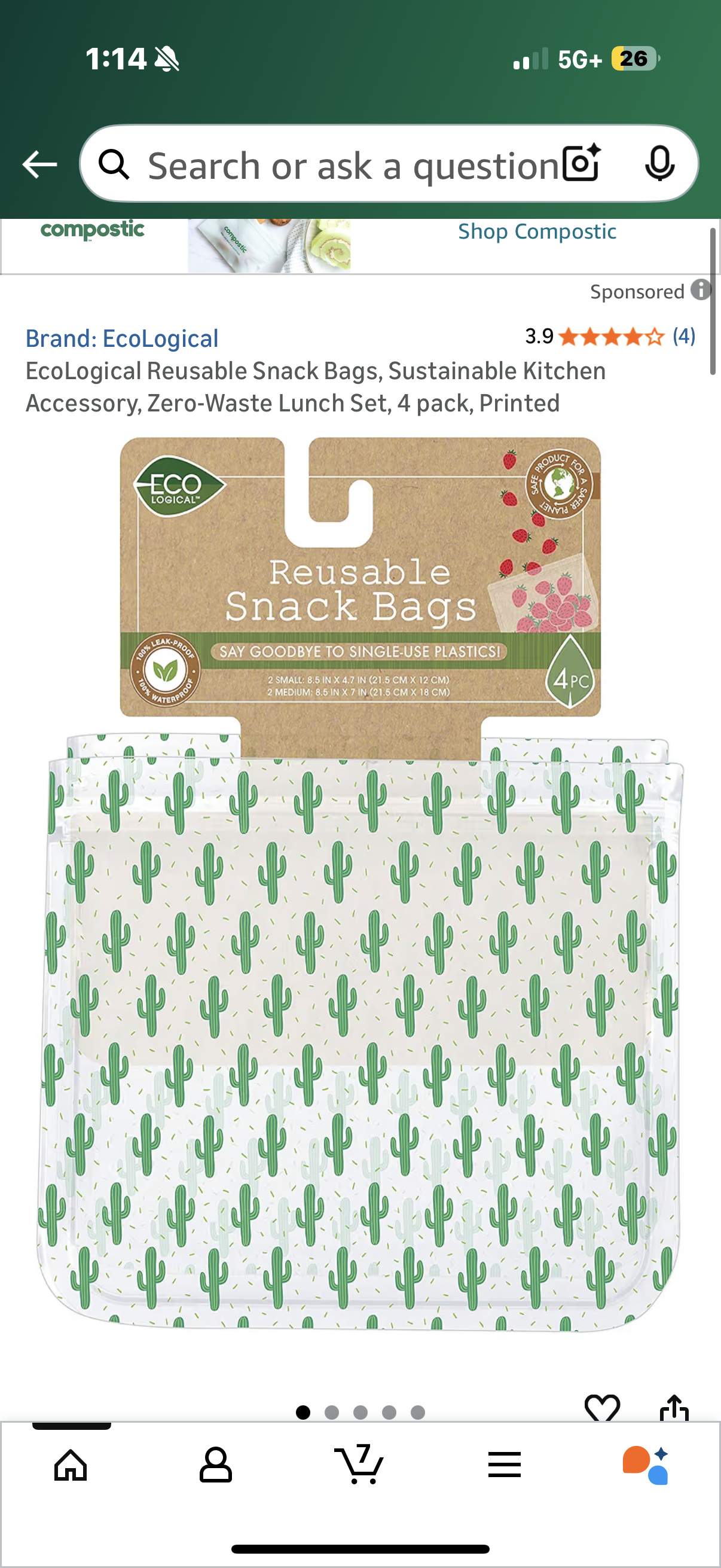 EcoLogical Reusable Snack Bags, Sustainable Kitchen Accessory, Zero-Waste Lunch Set, 4 pack, Printed