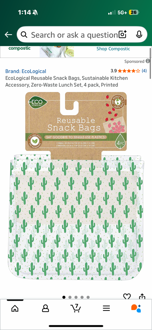 EcoLogical Reusable Snack Bags, Sustainable Kitchen Accessory, Zero-Waste Lunch Set, 4 pack, Printed