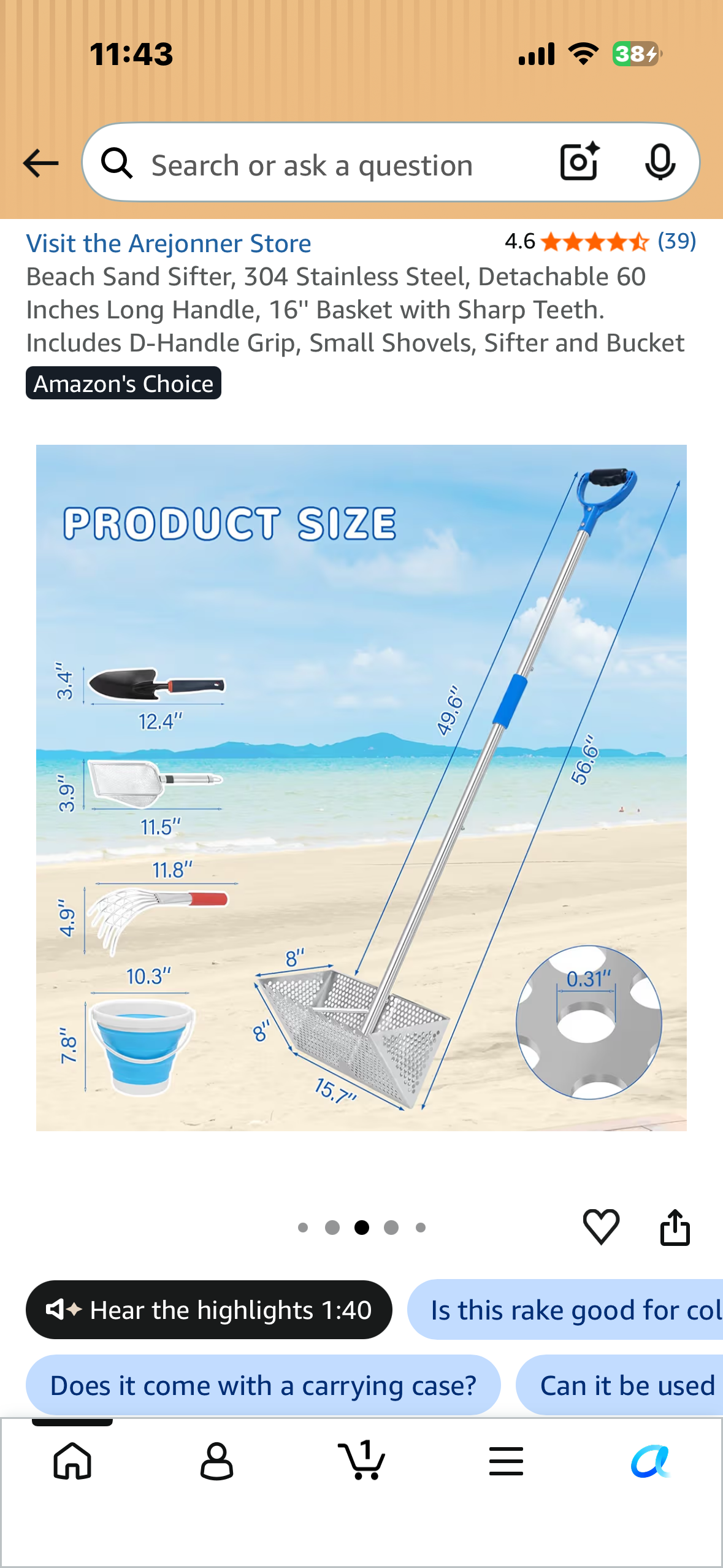 Beach Sand Sifter, 304 Stainless Steel, Detachable 60 Inches Long Handle, 16'' Basket with Sharp Teeth. Includes D-Handle Grip, Small Shovels, Sifter and Bucket