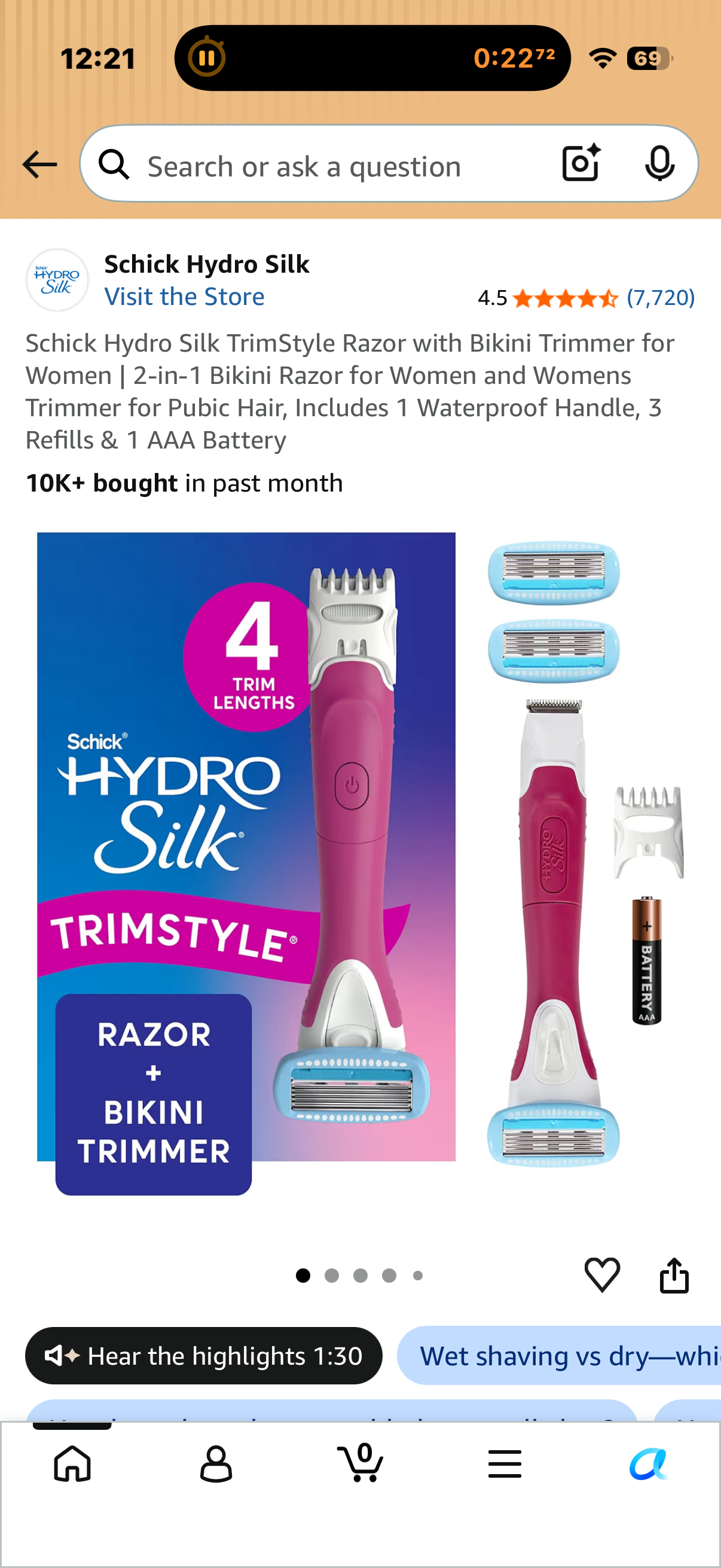 Schick Hydro Silk TrimStyle Razor with Bikini Trimmer for Women | 2-in-1 Bikini Razor for Women and Womens Trimmer for Pubic Hair, Includes 1 Waterproof Handle, 3 Refills & 1 AAA Battery