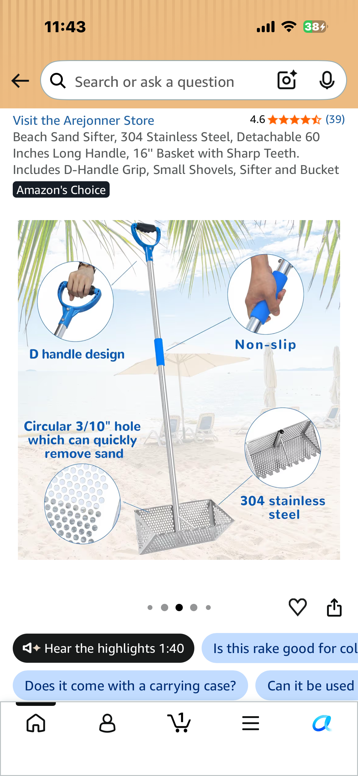 Beach Sand Sifter, 304 Stainless Steel, Detachable 60 Inches Long Handle, 16'' Basket with Sharp Teeth. Includes D-Handle Grip, Small Shovels, Sifter and Bucket