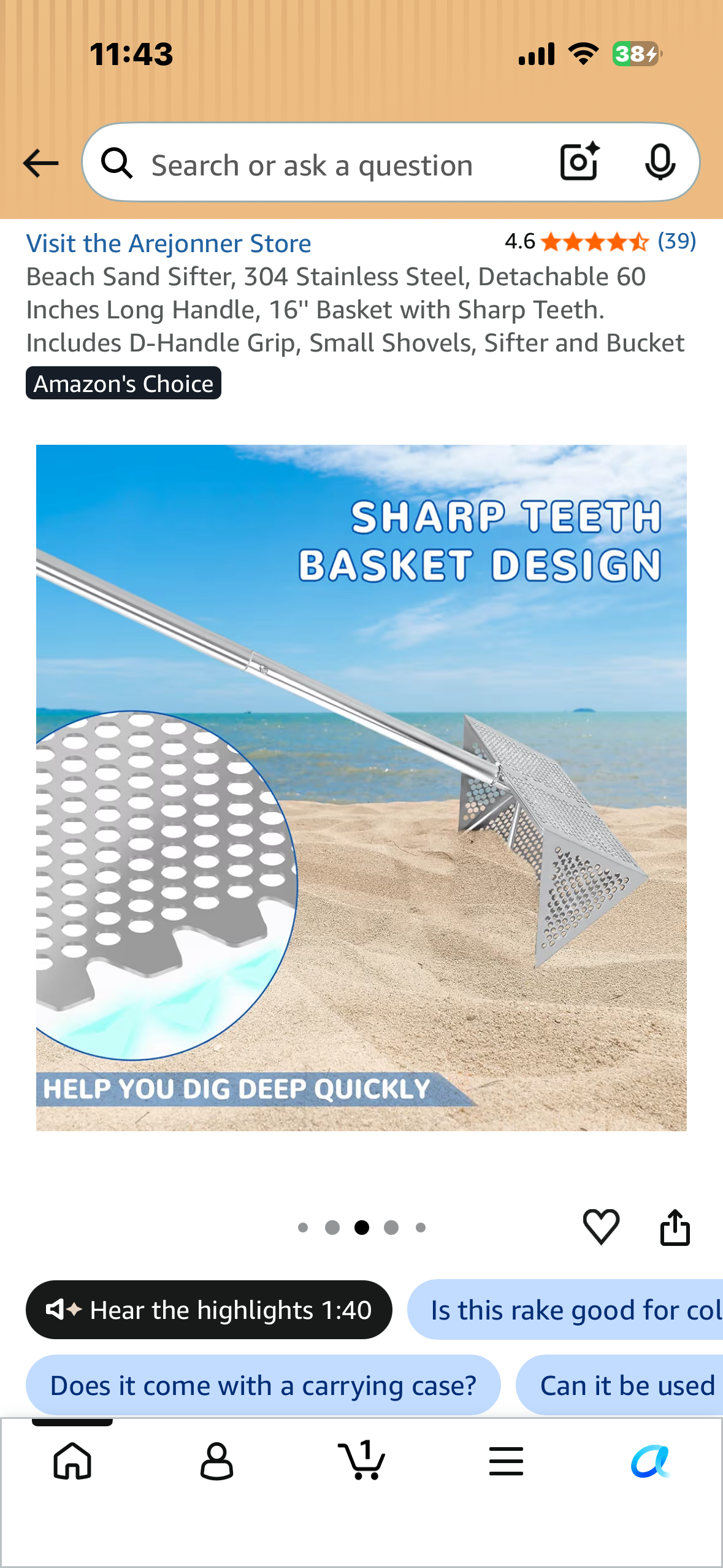 Beach Sand Sifter, 304 Stainless Steel, Detachable 60 Inches Long Handle, 16'' Basket with Sharp Teeth. Includes D-Handle Grip, Small Shovels, Sifter and Bucket