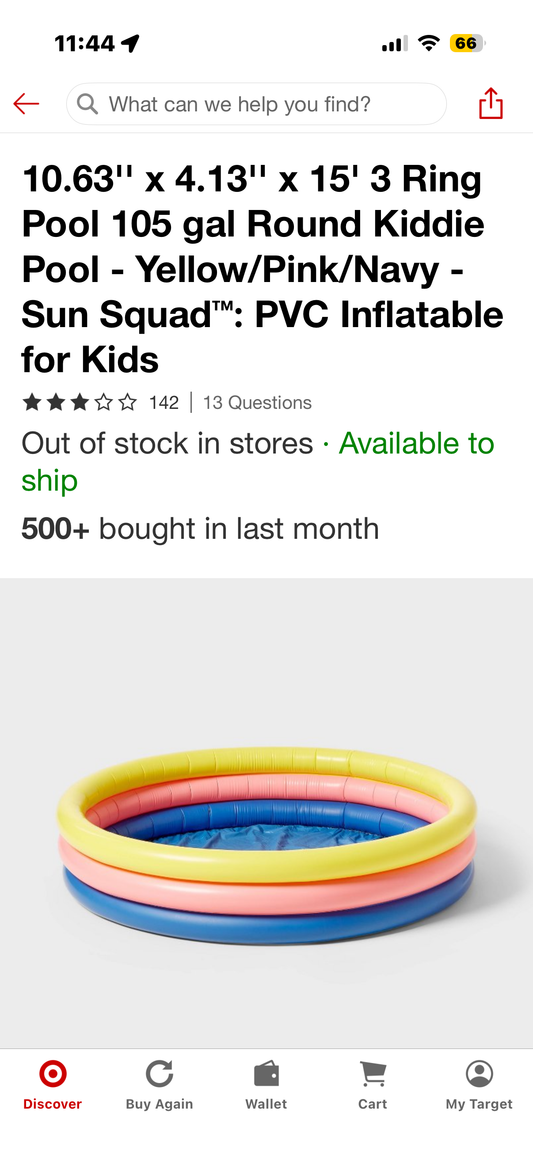 10.63"' × 4.13" x 15' 3 Ring Pool 105 gal Round Kiddie Pool - Yellow/Pink/Navy - Sun Squad™: PVC Inflatable for Kids