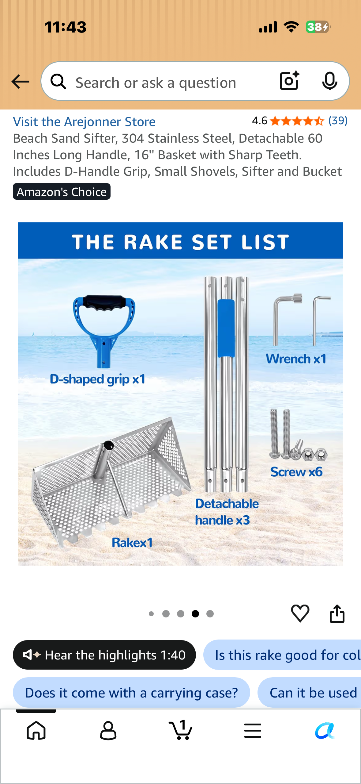 Beach Sand Sifter, 304 Stainless Steel, Detachable 60 Inches Long Handle, 16'' Basket with Sharp Teeth. Includes D-Handle Grip, Small Shovels, Sifter and Bucket
