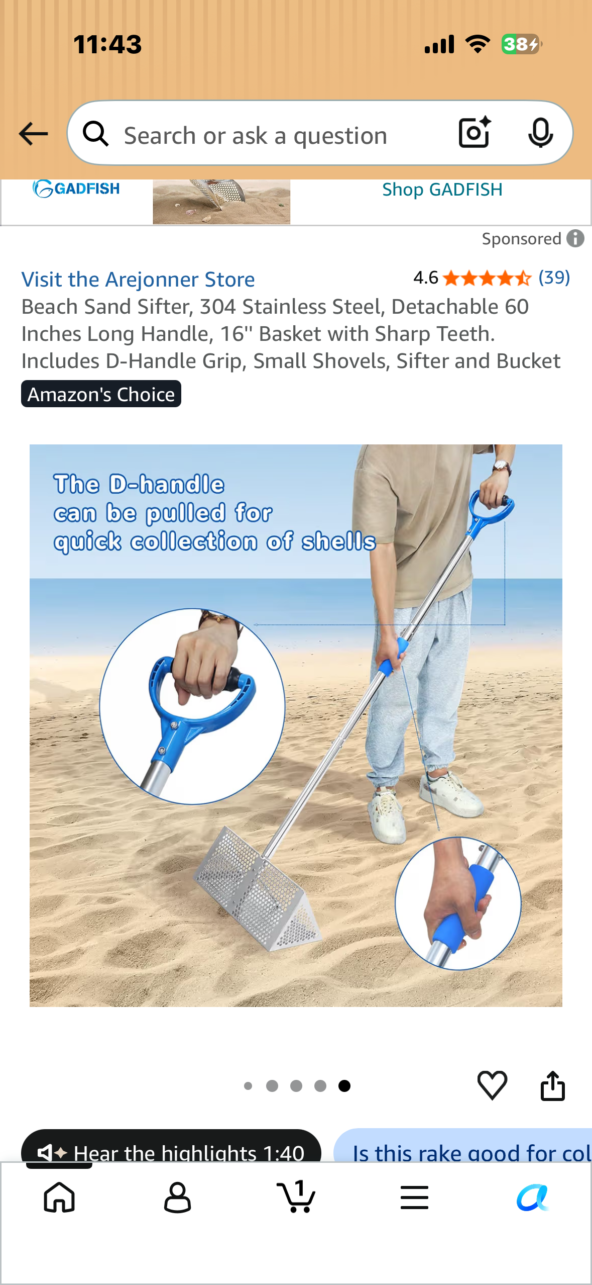 Beach Sand Sifter, 304 Stainless Steel, Detachable 60 Inches Long Handle, 16'' Basket with Sharp Teeth. Includes D-Handle Grip, Small Shovels, Sifter and Bucket