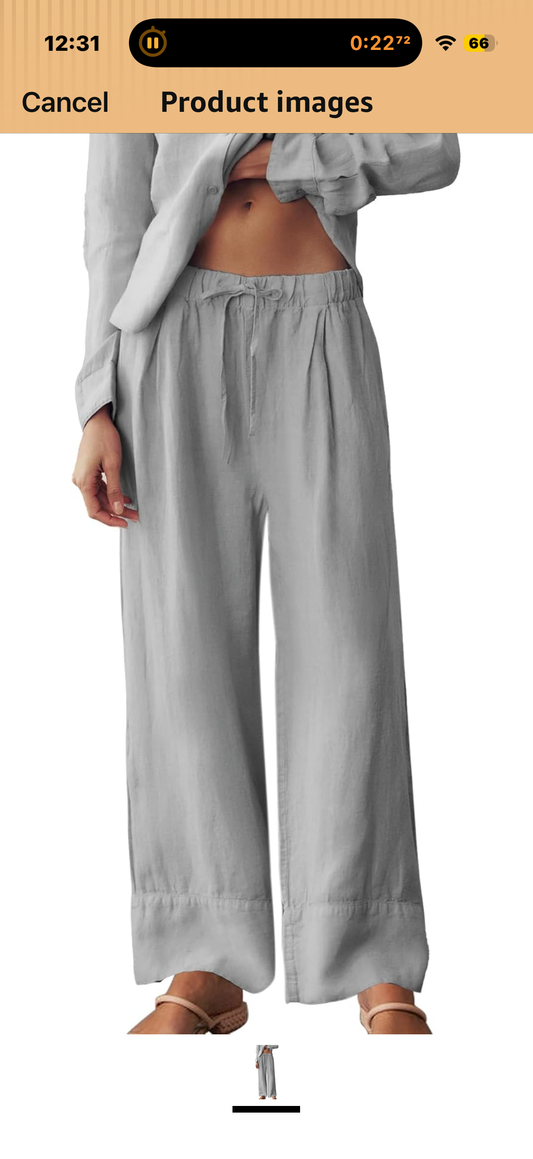 Ainangua Women Linen Palazzo Pants Casual Elasticated Drawstring Waist Wide Leg Trousers Trendy Beach Travel Outfits (Size Small)