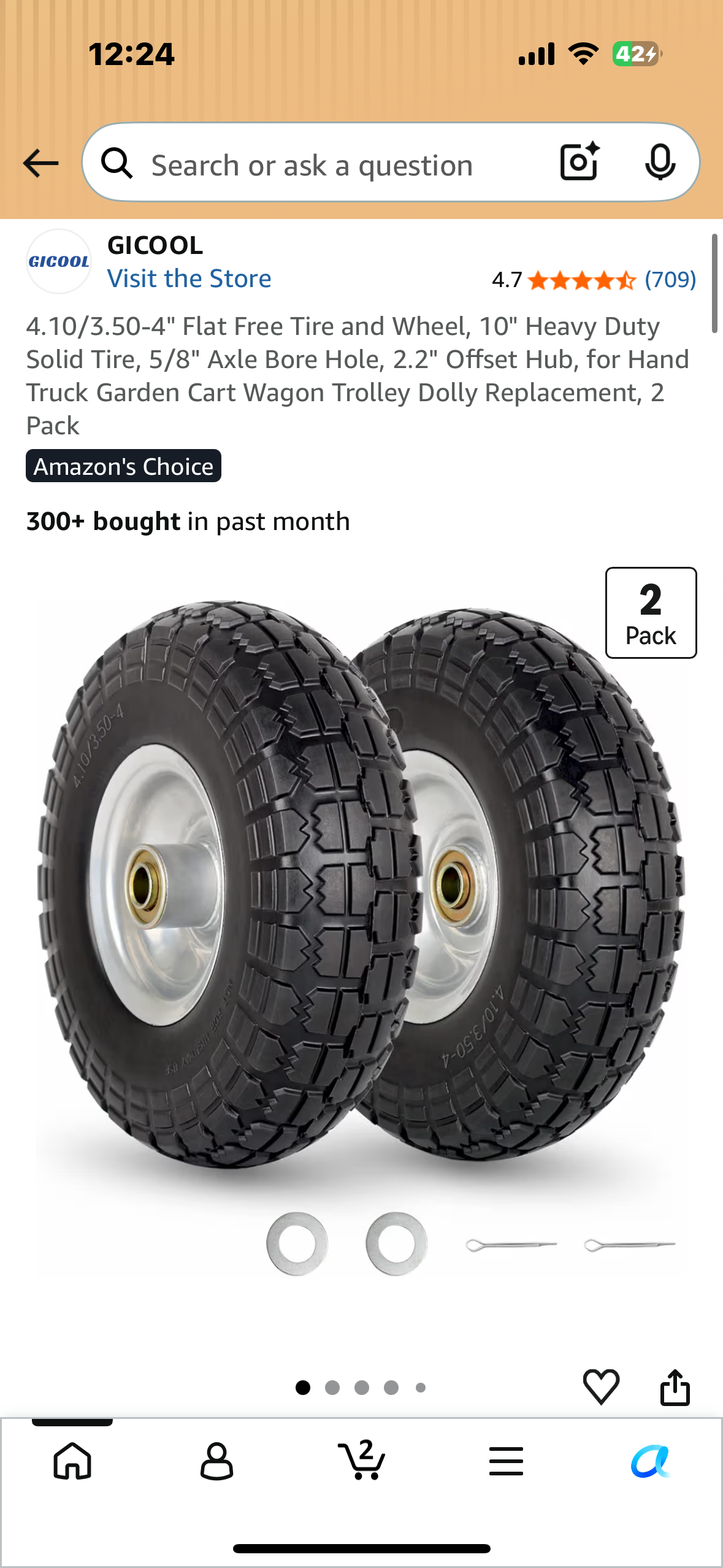 4.10/3.50-4" Flat Free Tire and Wheel, 10" Heavy Duty Solid Tire, 5/8" Axle Bore Hole, 2.2" Offset Hub, for Hand Truck Garden Cart Wagon Trolley Dolly Replacement, 2 Pack