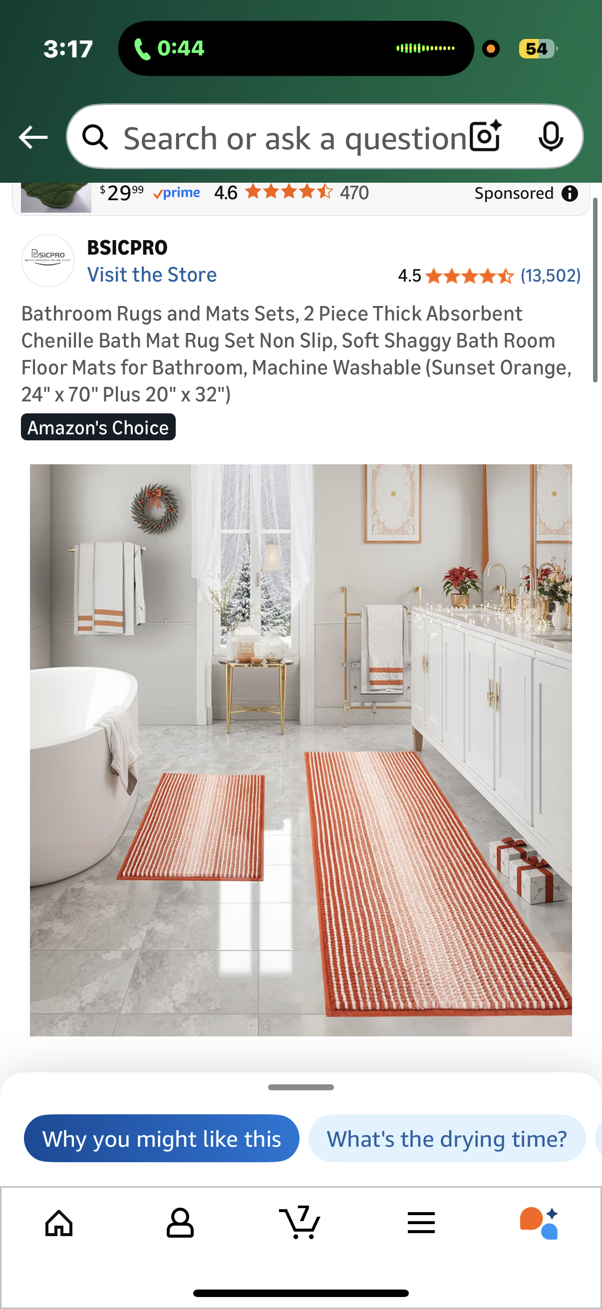 Bathroom Rugs and Mats Sets, 2 Piece Thick Absorbent Chenille Bath Mat Rug Set Non Slip, Soft Shaggy Bath Room Floor Mats for Bathroom, Machine Washable (Sunset Orange, 24" x 70" Plus 20" x 32