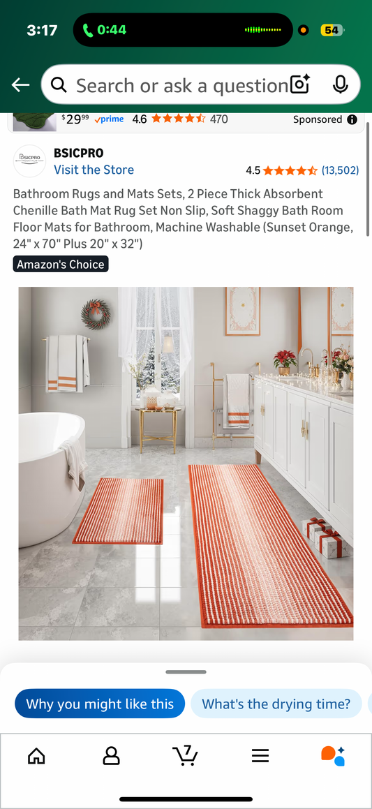 Bathroom Rugs and Mats Sets, 2 Piece Thick Absorbent Chenille Bath Mat Rug Set Non Slip, Soft Shaggy Bath Room Floor Mats for Bathroom, Machine Washable (Sunset Orange, 24" x 70" Plus 20" x 32