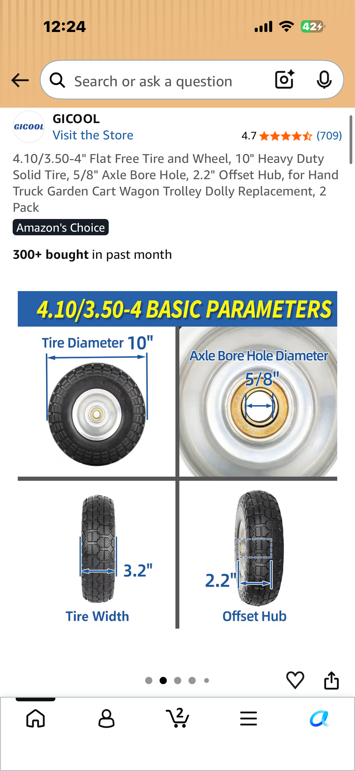 4.10/3.50-4" Flat Free Tire and Wheel, 10" Heavy Duty Solid Tire, 5/8" Axle Bore Hole, 2.2" Offset Hub, for Hand Truck Garden Cart Wagon Trolley Dolly Replacement, 2 Pack