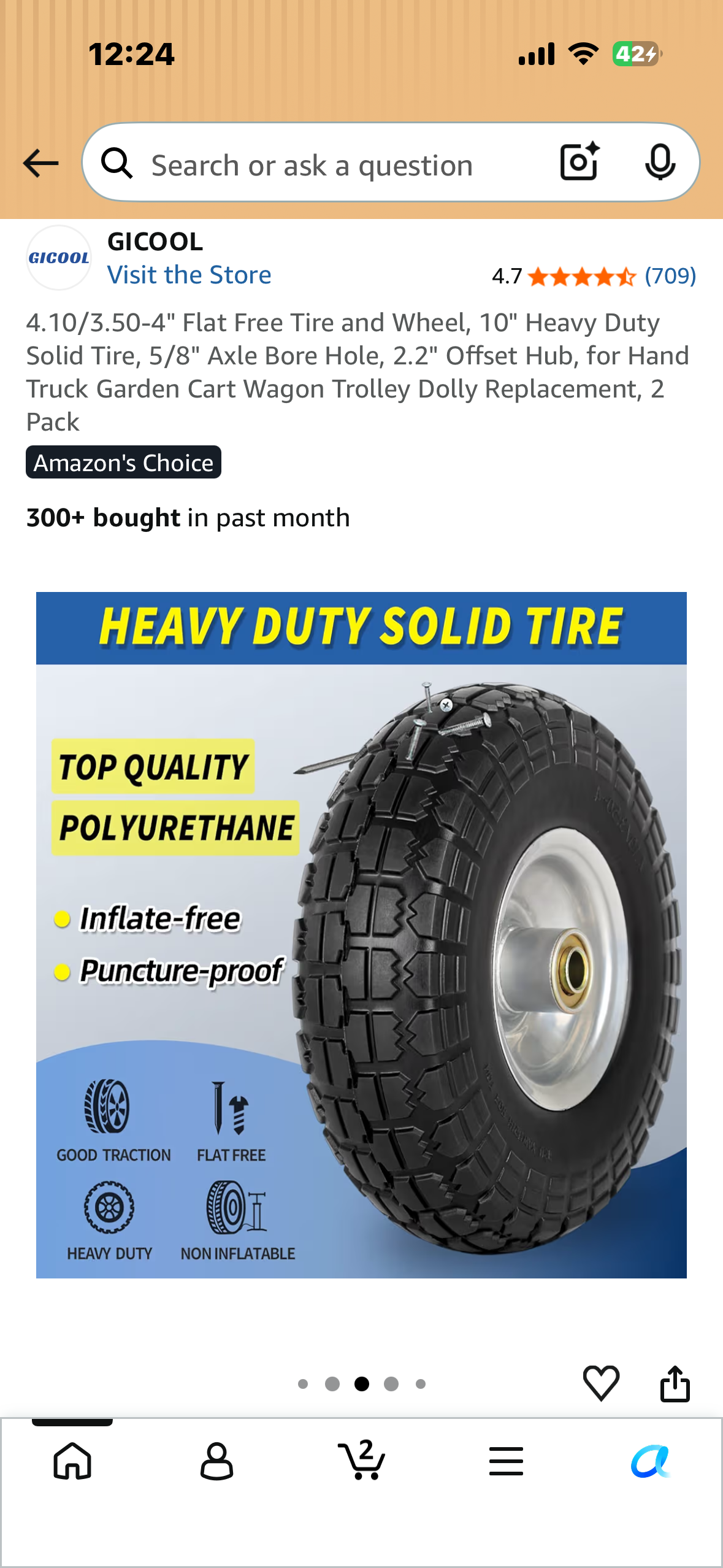 4.10/3.50-4" Flat Free Tire and Wheel, 10" Heavy Duty Solid Tire, 5/8" Axle Bore Hole, 2.2" Offset Hub, for Hand Truck Garden Cart Wagon Trolley Dolly Replacement, 2 Pack