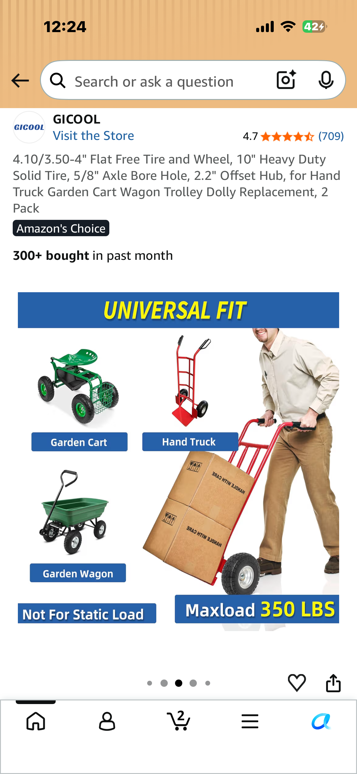 4.10/3.50-4" Flat Free Tire and Wheel, 10" Heavy Duty Solid Tire, 5/8" Axle Bore Hole, 2.2" Offset Hub, for Hand Truck Garden Cart Wagon Trolley Dolly Replacement, 2 Pack