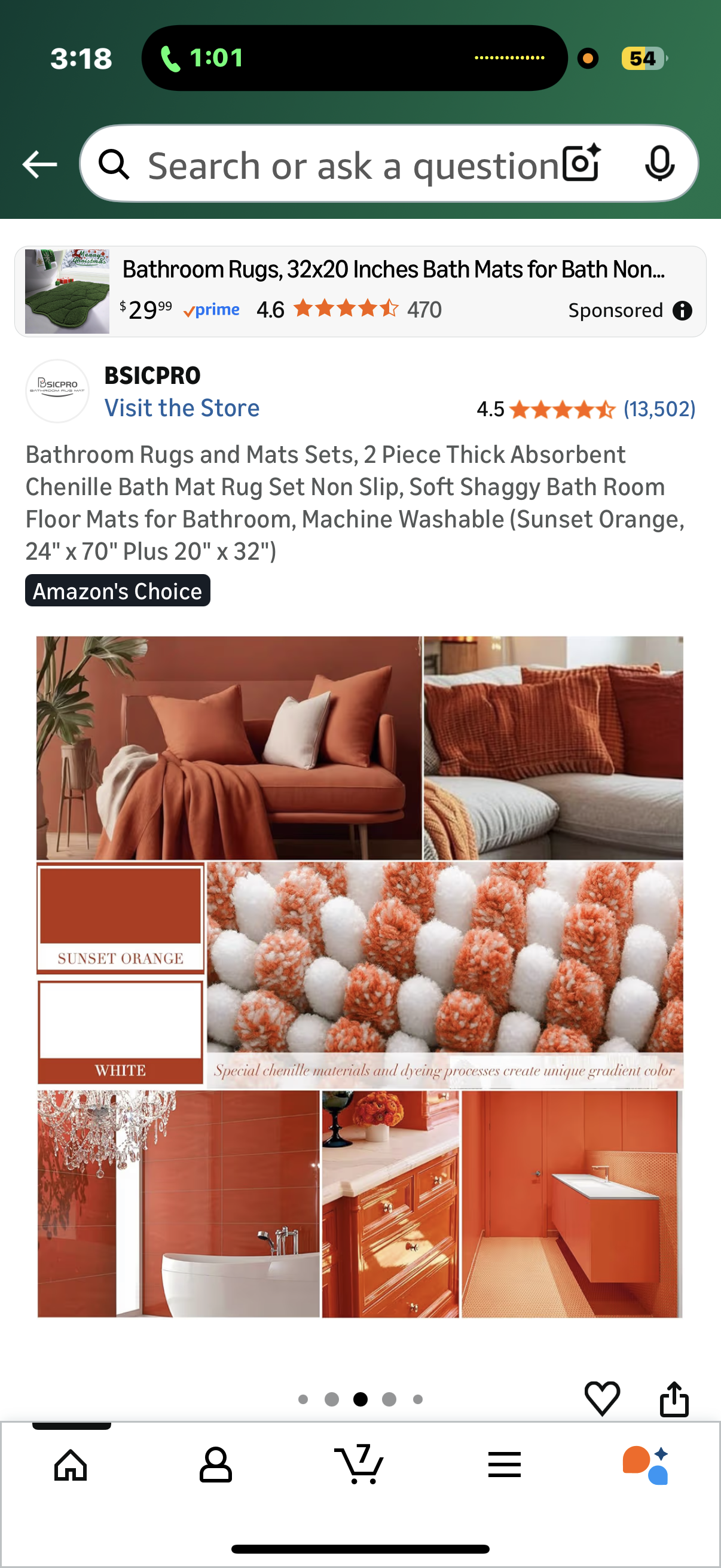 Bathroom Rugs and Mats Sets, 2 Piece Thick Absorbent Chenille Bath Mat Rug Set Non Slip, Soft Shaggy Bath Room Floor Mats for Bathroom, Machine Washable (Sunset Orange, 24" x 70" Plus 20" x 32