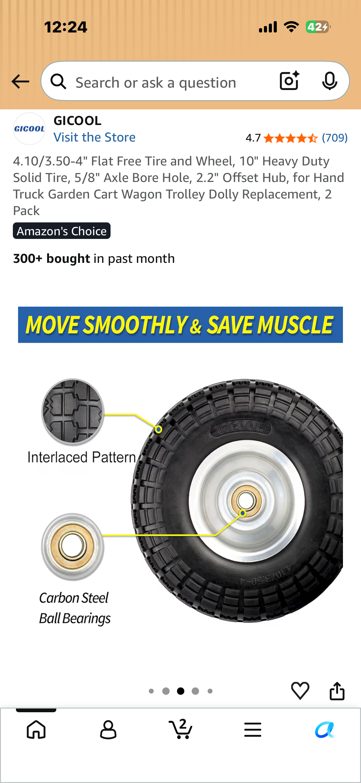 4.10/3.50-4" Flat Free Tire and Wheel, 10" Heavy Duty Solid Tire, 5/8" Axle Bore Hole, 2.2" Offset Hub, for Hand Truck Garden Cart Wagon Trolley Dolly Replacement, 2 Pack