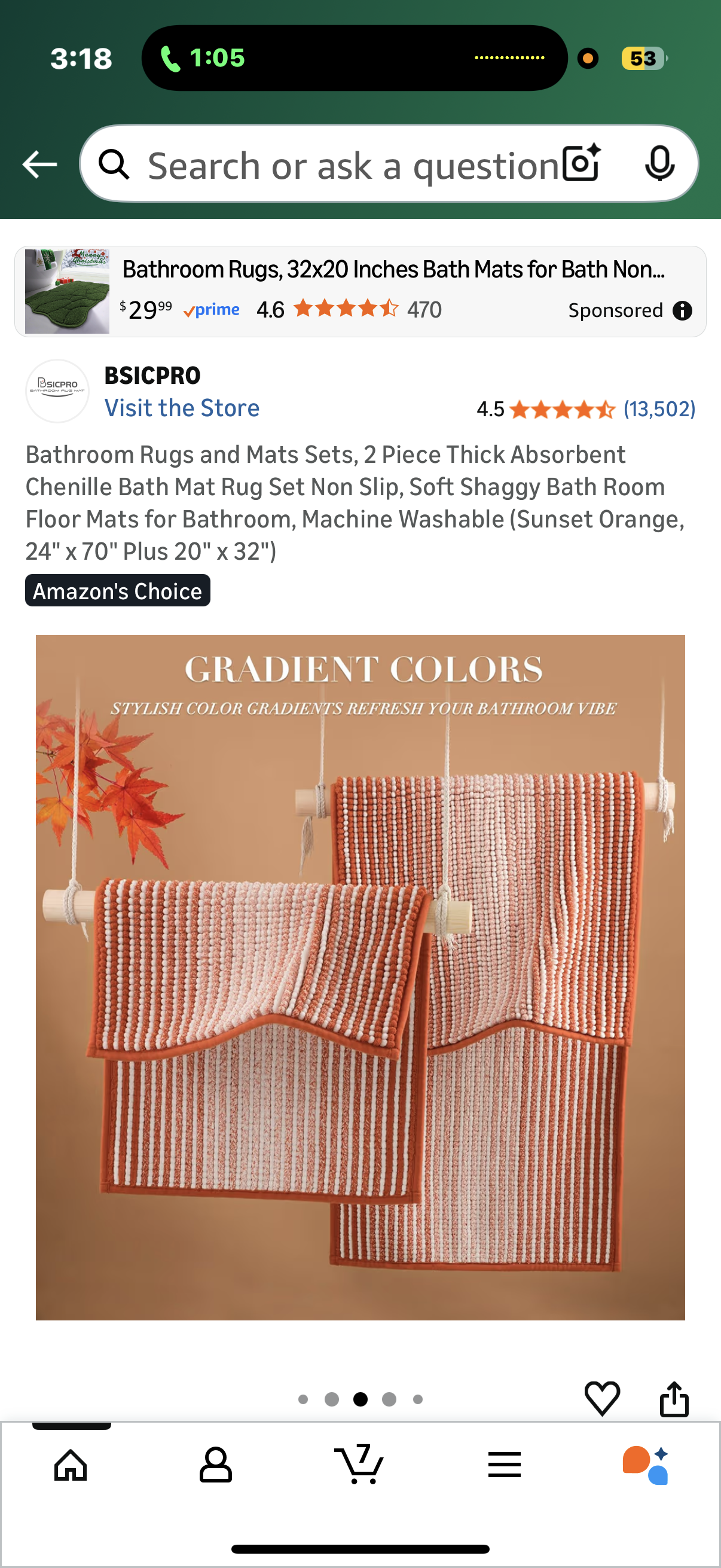 Bathroom Rugs and Mats Sets, 2 Piece Thick Absorbent Chenille Bath Mat Rug Set Non Slip, Soft Shaggy Bath Room Floor Mats for Bathroom, Machine Washable (Sunset Orange, 24" x 70" Plus 20" x 32