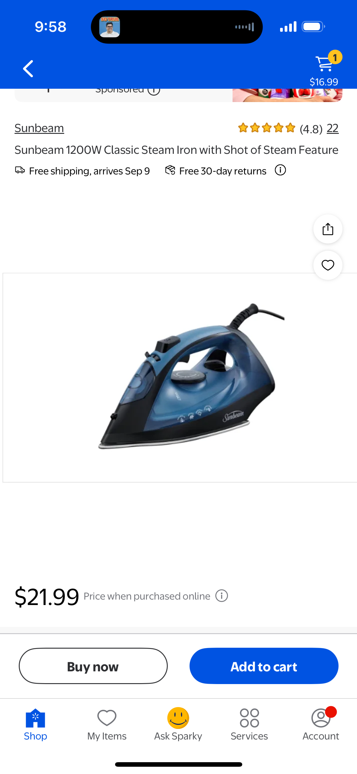 Sunbeam 1200W Classic Steam Iron with Shot of Steam Feature