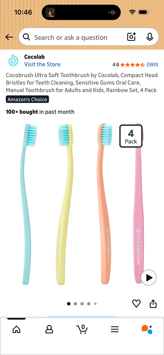 Cocobrush Ultra Soft Toothbrush by Cocolab, Compact Head Bristles for Teeth Cleaning, Sensitive Gums Oral Care, Manual Toothbrush for Adults and Kids, Rainbow Set, 4 Pack