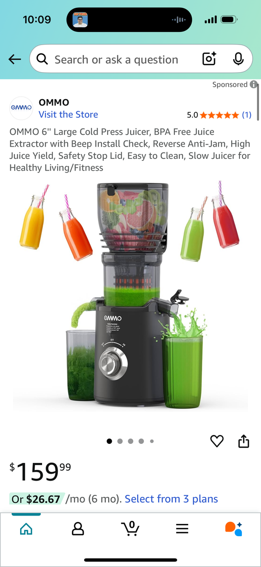 OMMO 6'' Large Cold Press Juicer, BPA Free Juice Extractor with Beep Install Check, Reverse Anti-Jam, High Juice Yield, Safety Stop Lid, Easy to Clean, Slow Juicer for Healthy Living/Fitness