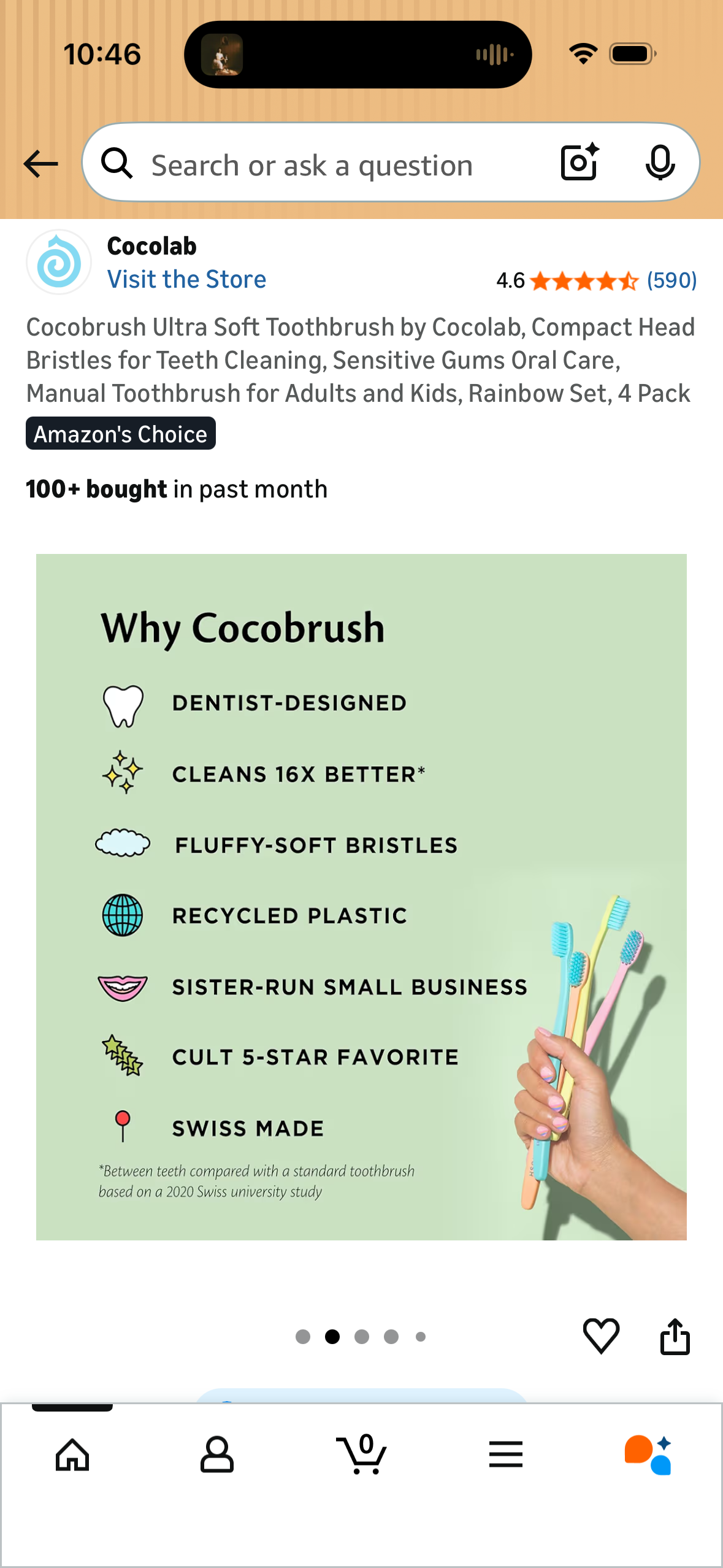 Cocobrush Ultra Soft Toothbrush by Cocolab, Compact Head Bristles for Teeth Cleaning, Sensitive Gums Oral Care, Manual Toothbrush for Adults and Kids, Rainbow Set, 4 Pack