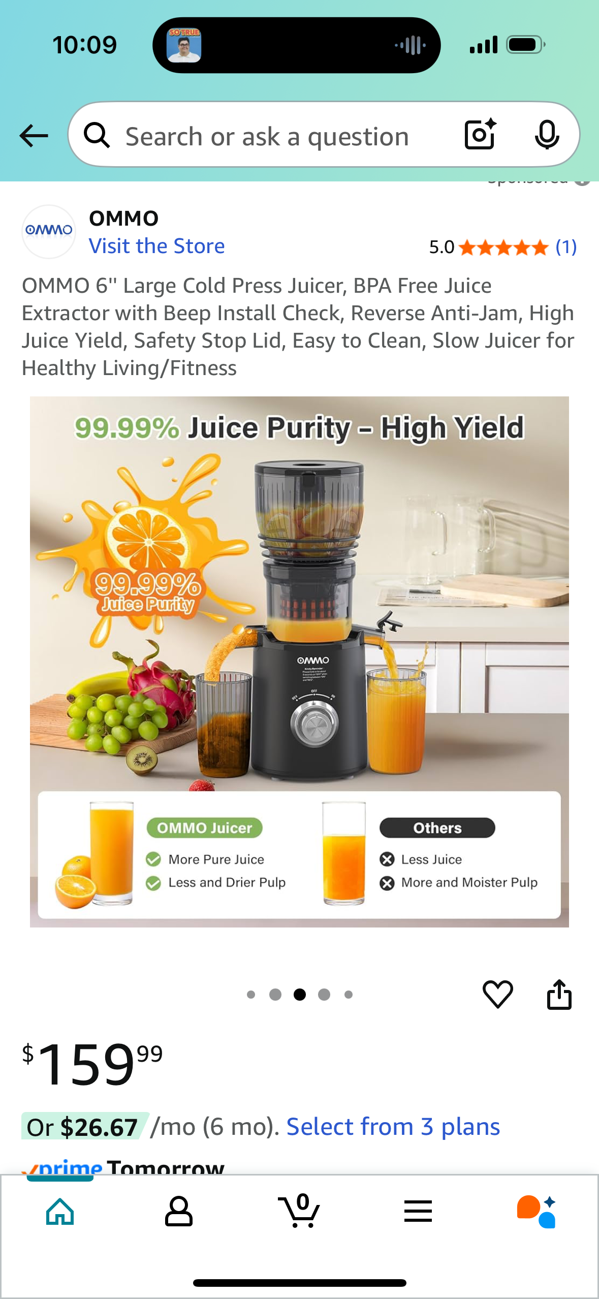 OMMO 6'' Large Cold Press Juicer, BPA Free Juice Extractor with Beep Install Check, Reverse Anti-Jam, High Juice Yield, Safety Stop Lid, Easy to Clean, Slow Juicer for Healthy Living/Fitness