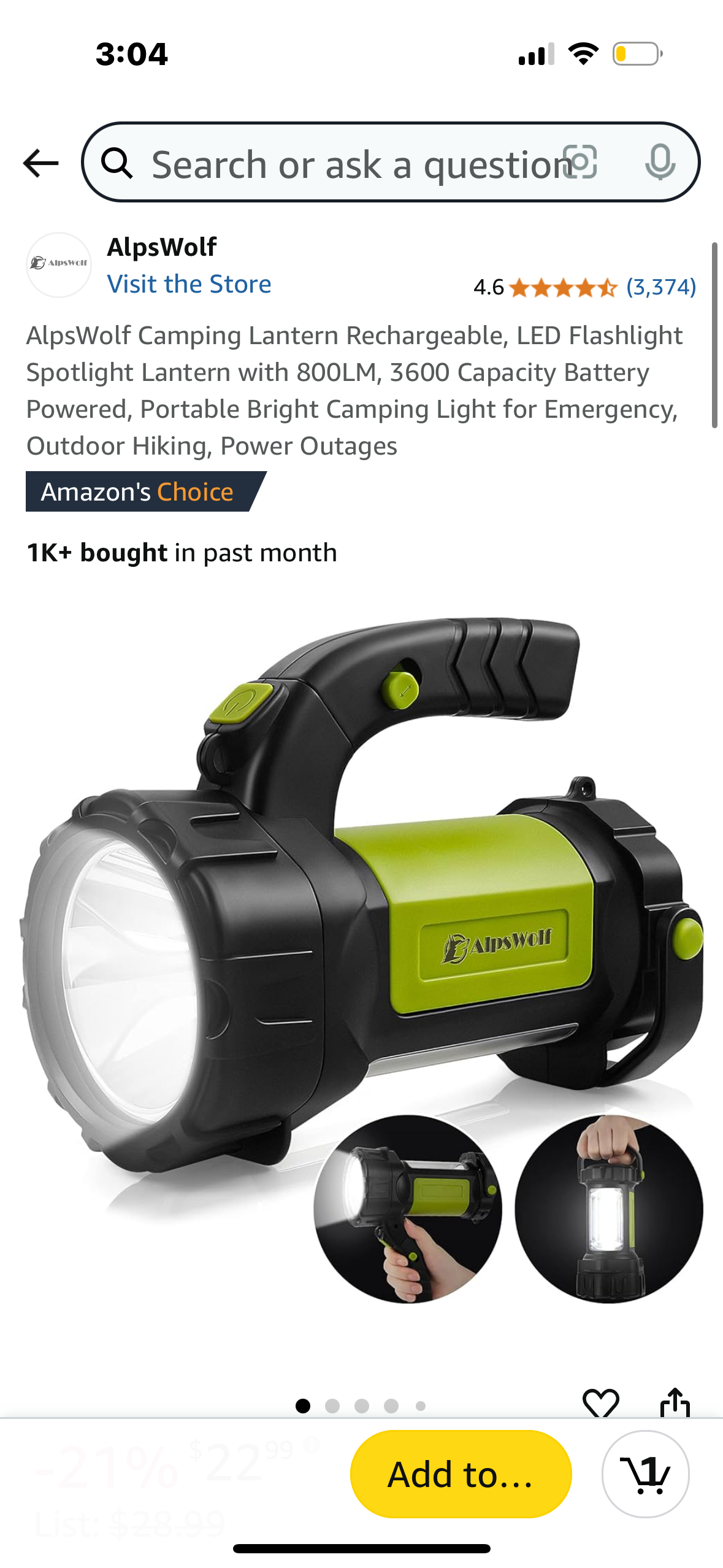 AlpsWolf Camping Lantern Rechargeable, LED Flashlight Spotlight Lantern with 800LM, 3600 Capacity Battery Powered, Portable Bright Camping Light for Emergency, Outdoor Hiking, Power Outages