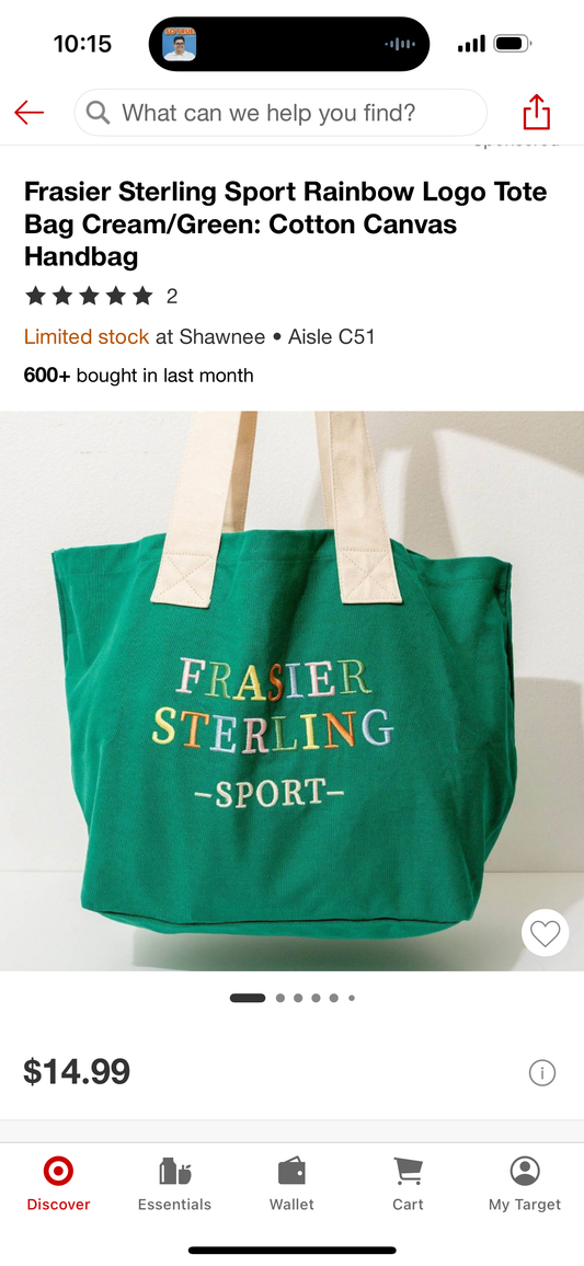 Frasier Sterling Sport Rainbow Logo Tote Bag Cream/Green: Cotton Canvas
Handbag