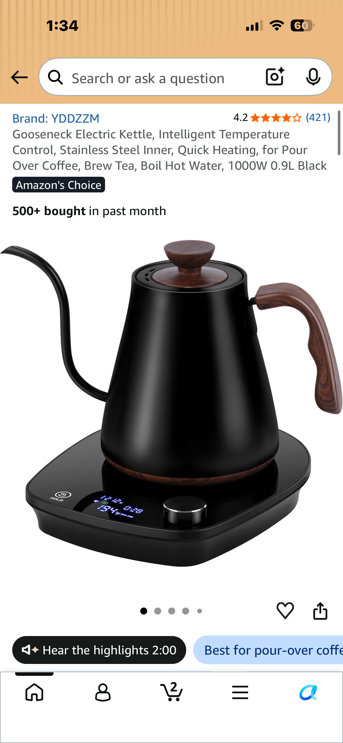 Gooseneck Electric Kettle, Intelligent Temperature Control, Stainless Steel Inner, Quick Heating, for Pour Over Coffee, Brew Tea, Boil Hot Water, 1000W 0.9L Black
