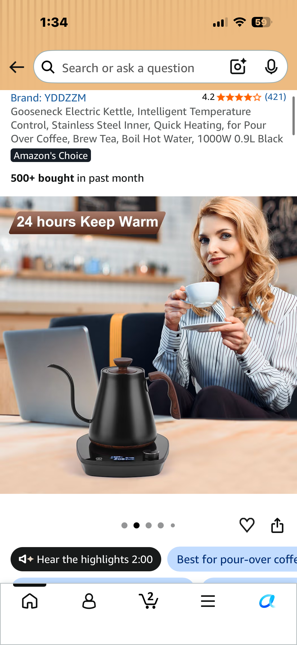 Gooseneck Electric Kettle, Intelligent Temperature Control, Stainless Steel Inner, Quick Heating, for Pour Over Coffee, Brew Tea, Boil Hot Water, 1000W 0.9L Black