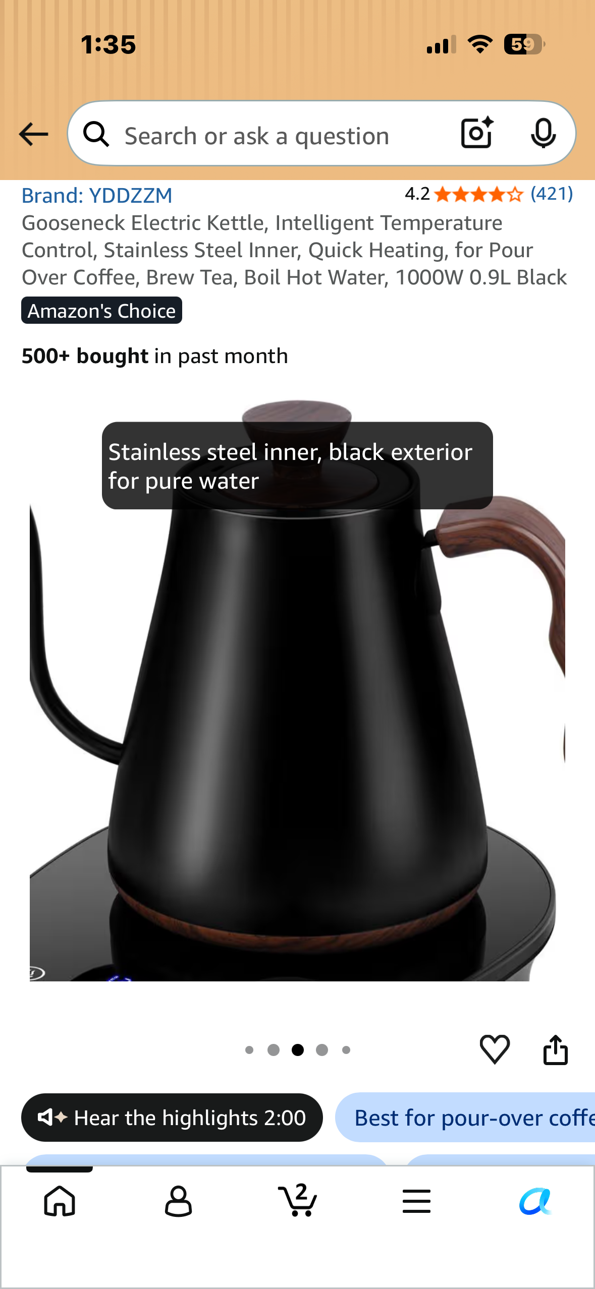Gooseneck Electric Kettle, Intelligent Temperature Control, Stainless Steel Inner, Quick Heating, for Pour Over Coffee, Brew Tea, Boil Hot Water, 1000W 0.9L Black