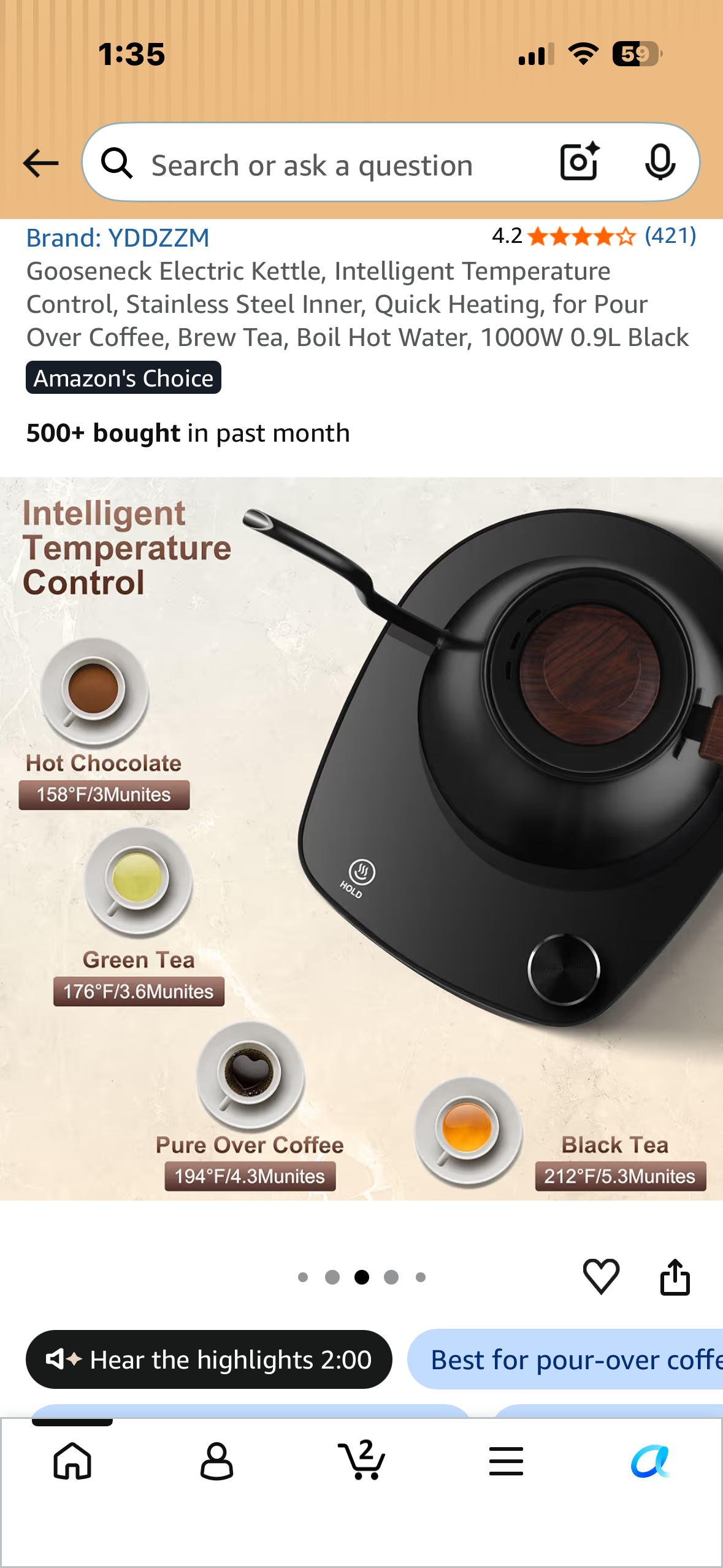 Gooseneck Electric Kettle, Intelligent Temperature Control, Stainless Steel Inner, Quick Heating, for Pour Over Coffee, Brew Tea, Boil Hot Water, 1000W 0.9L Black