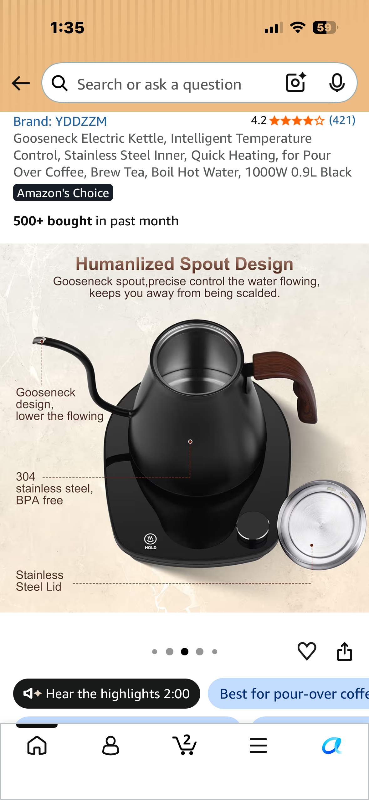 Gooseneck Electric Kettle, Intelligent Temperature Control, Stainless Steel Inner, Quick Heating, for Pour Over Coffee, Brew Tea, Boil Hot Water, 1000W 0.9L Black