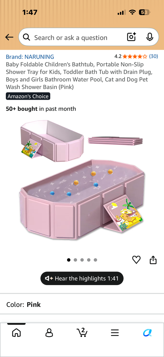 Foldable Baby Bathtub, Portable, Non-Slip, with Drain Plug, Boys and Girls Bathroom Water Pool, Cat and Dog Pet Wash Shower Basin (Pink)